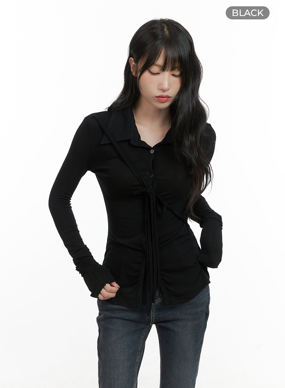 Long Sleeve Slim Tie Collar Top CG421