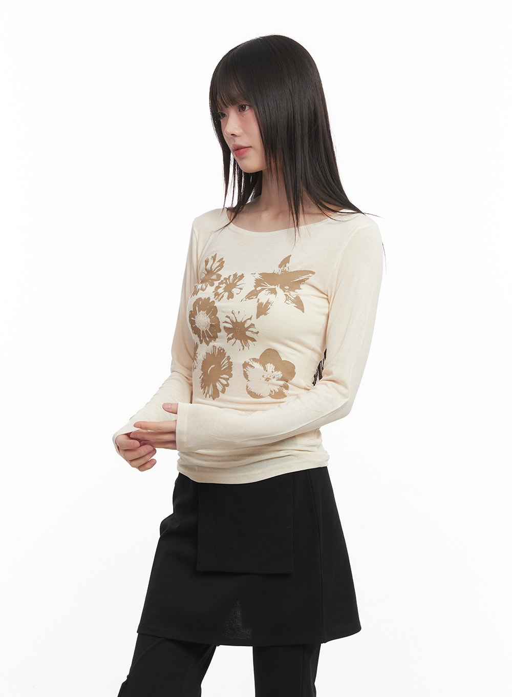 Floral Graphic Sheer Long Sleeve Top CM520