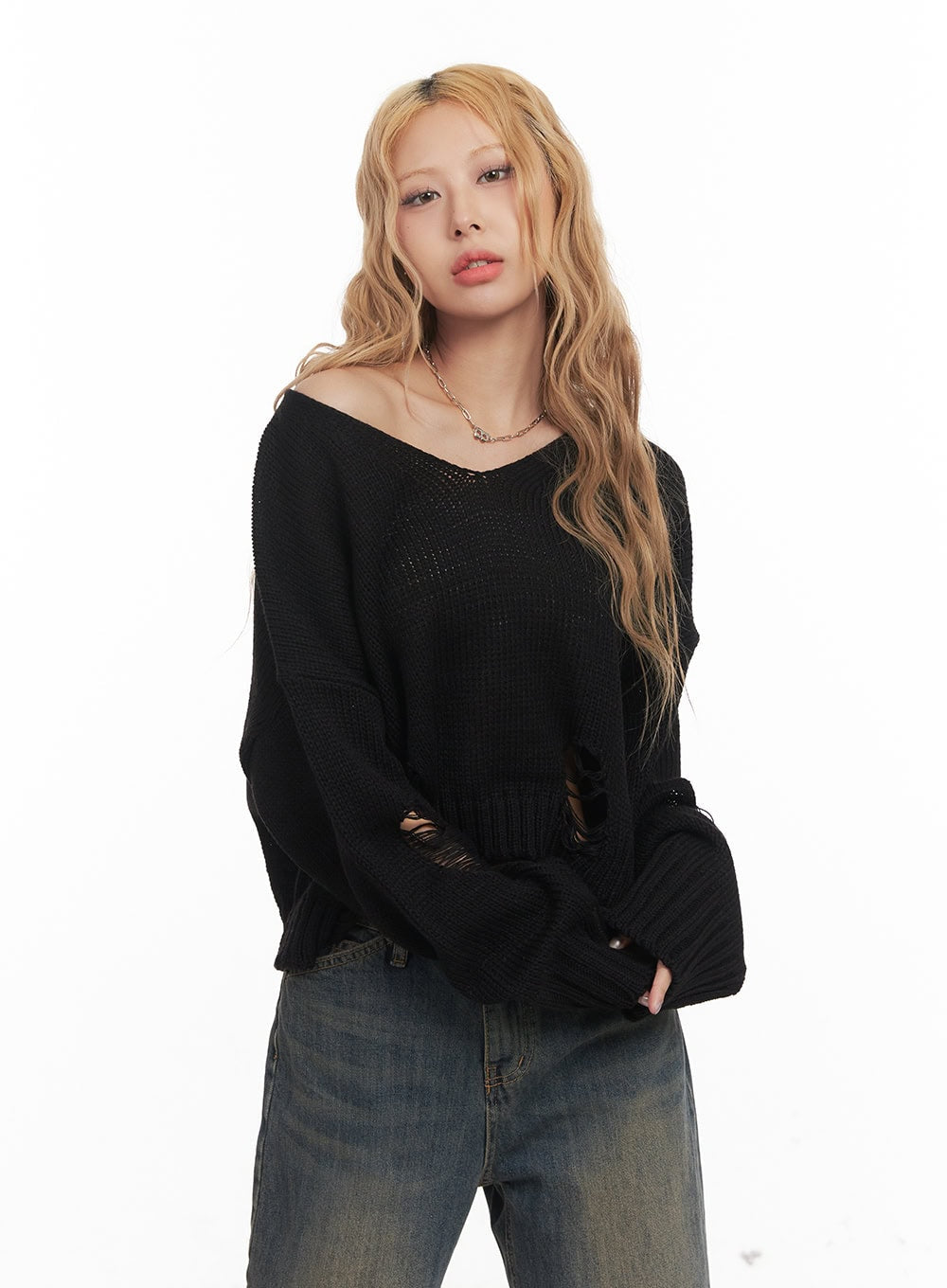 Destroyed Oversized Crop Sweater CM505