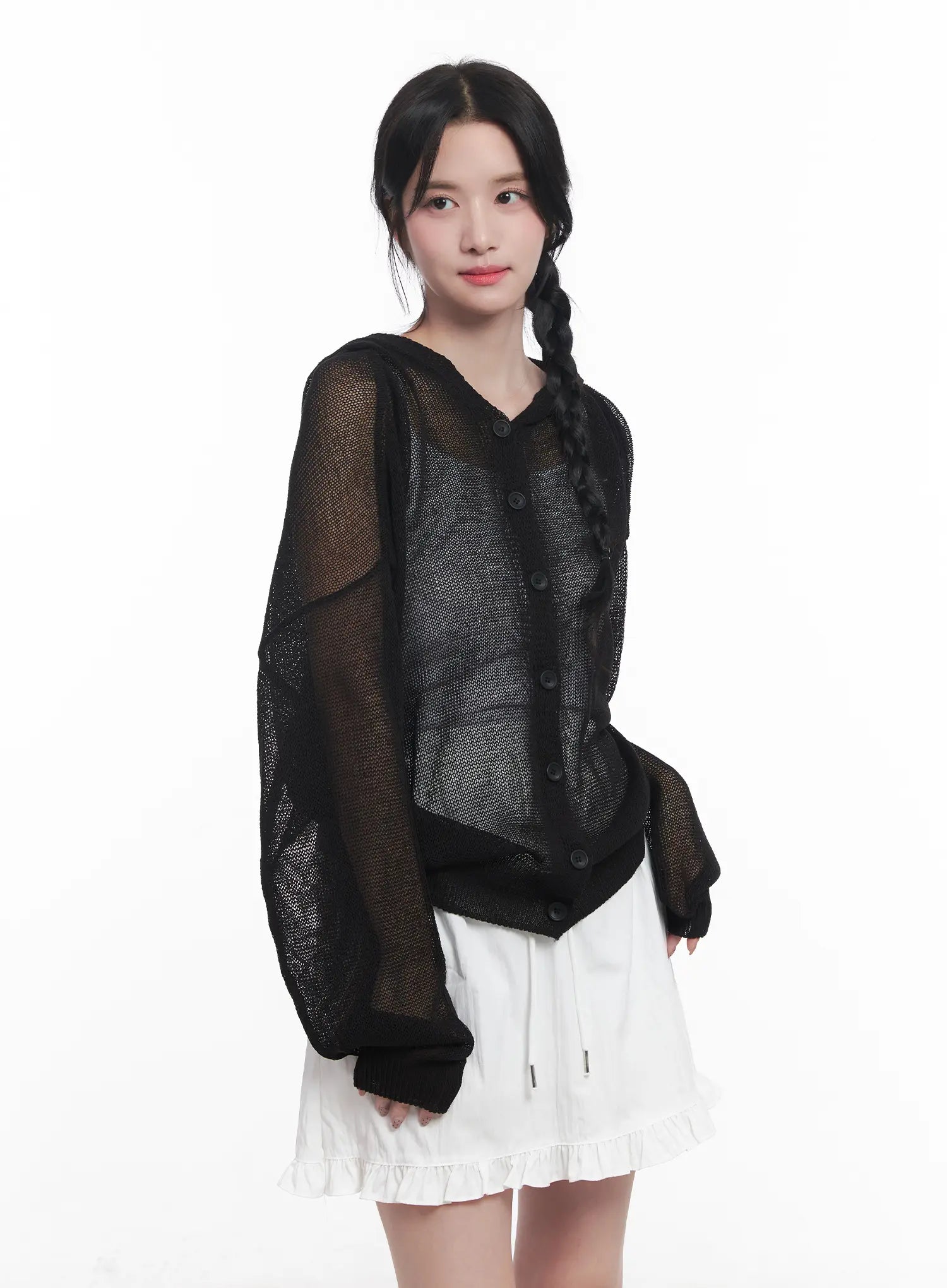 Sheer Buttoned Hooded Cardigan CU523