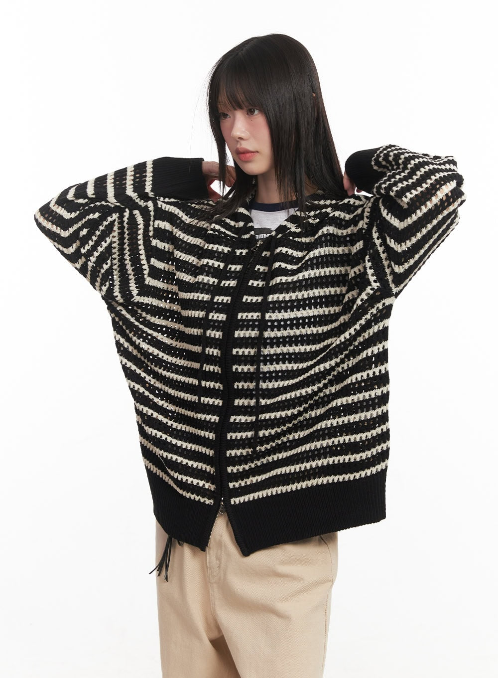 Striped Zip-Up Oversized Hooded Sweater CM520