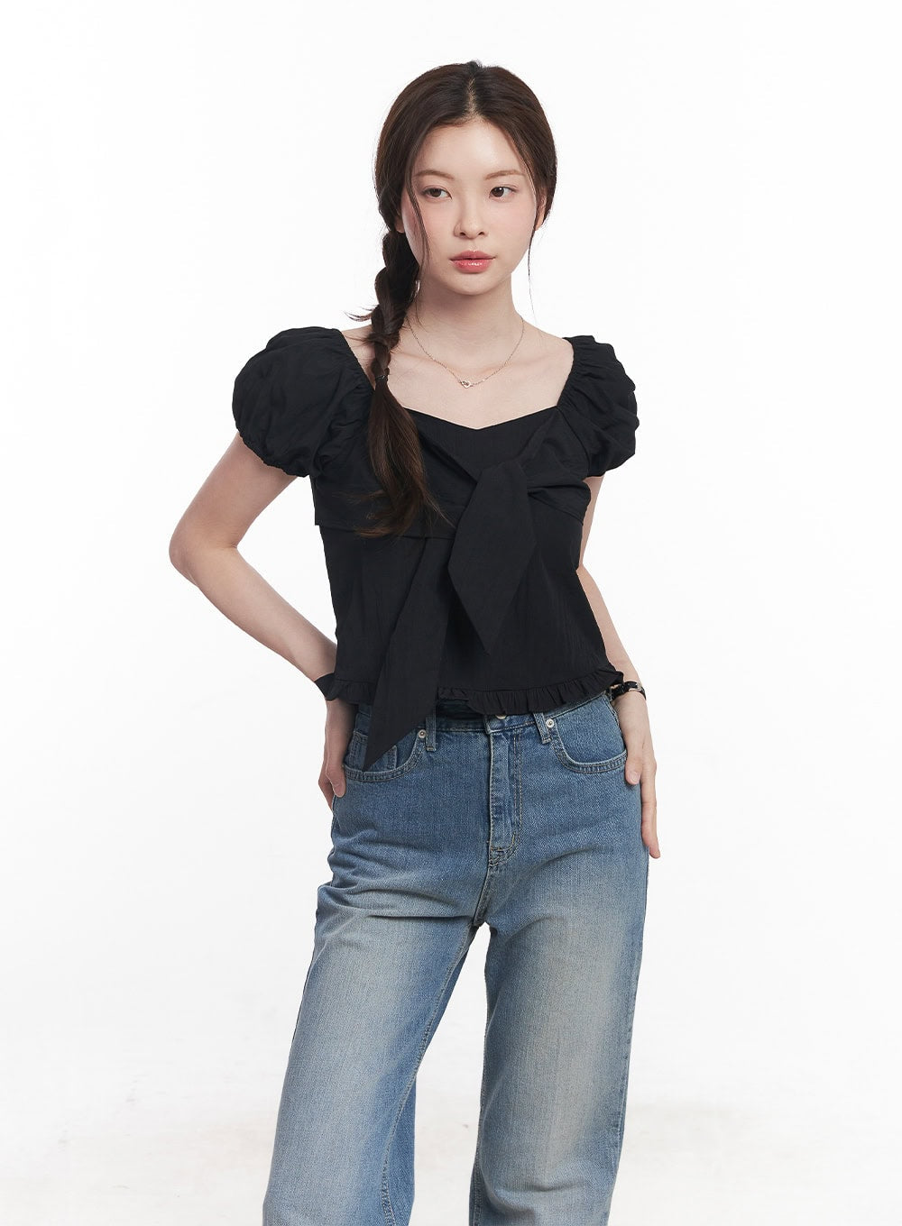 Ribbon Frill Square-Neck Top CY515