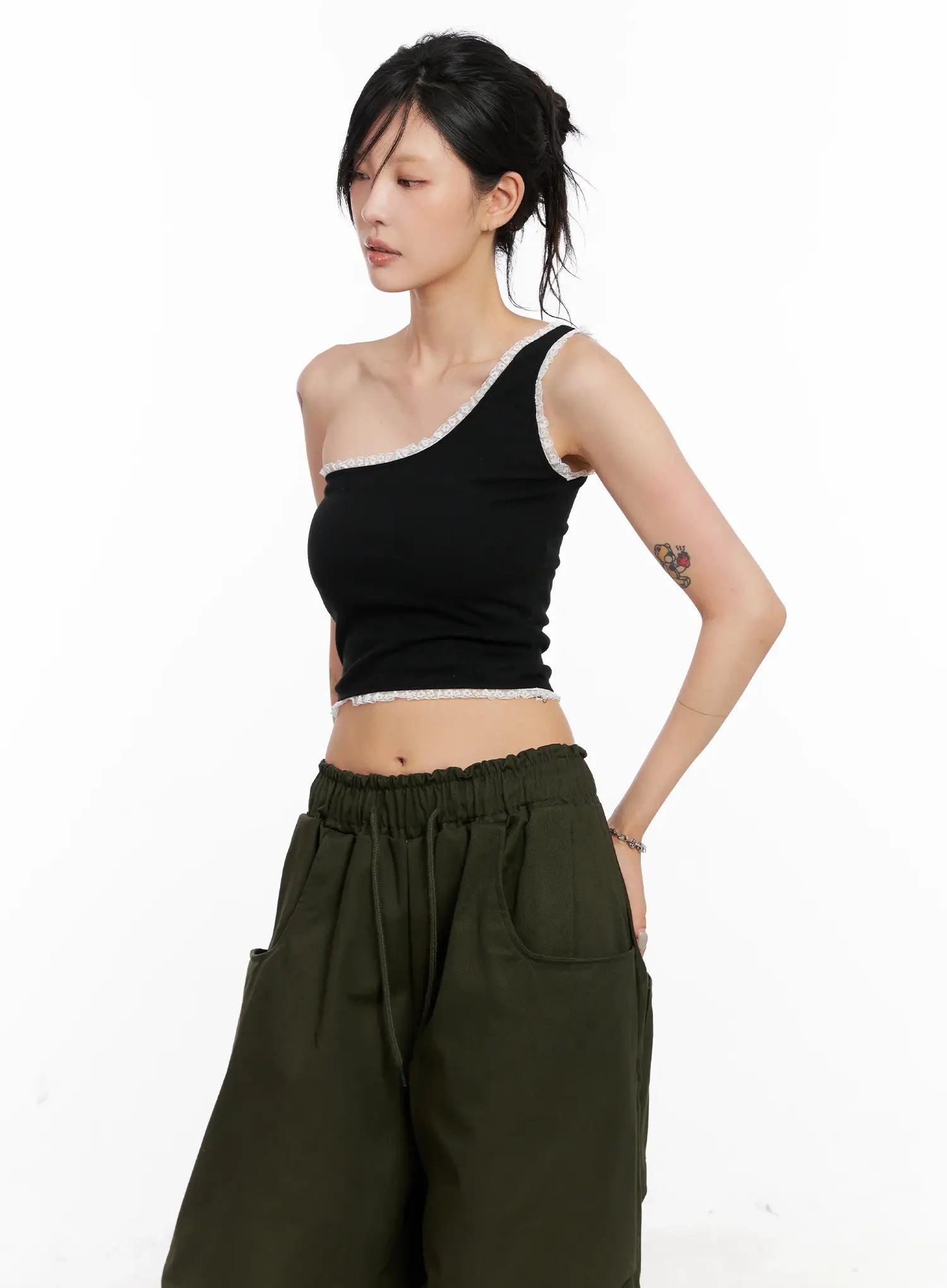 Asymmetric Lace-Trim Ribbed Top CL525