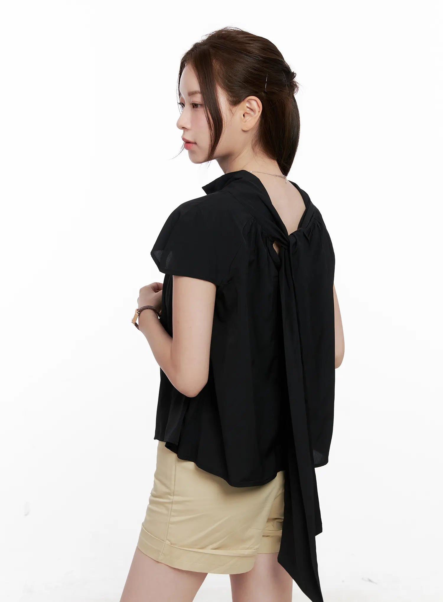 Shirred Ribbon Short-Sleeve Blouse CL523