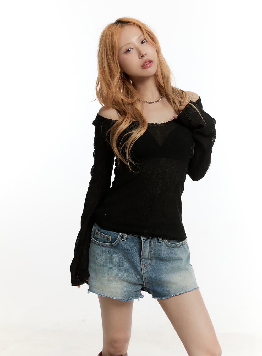 Sheer Knit Off-Shoulder Long-Sleeve Top CY501
