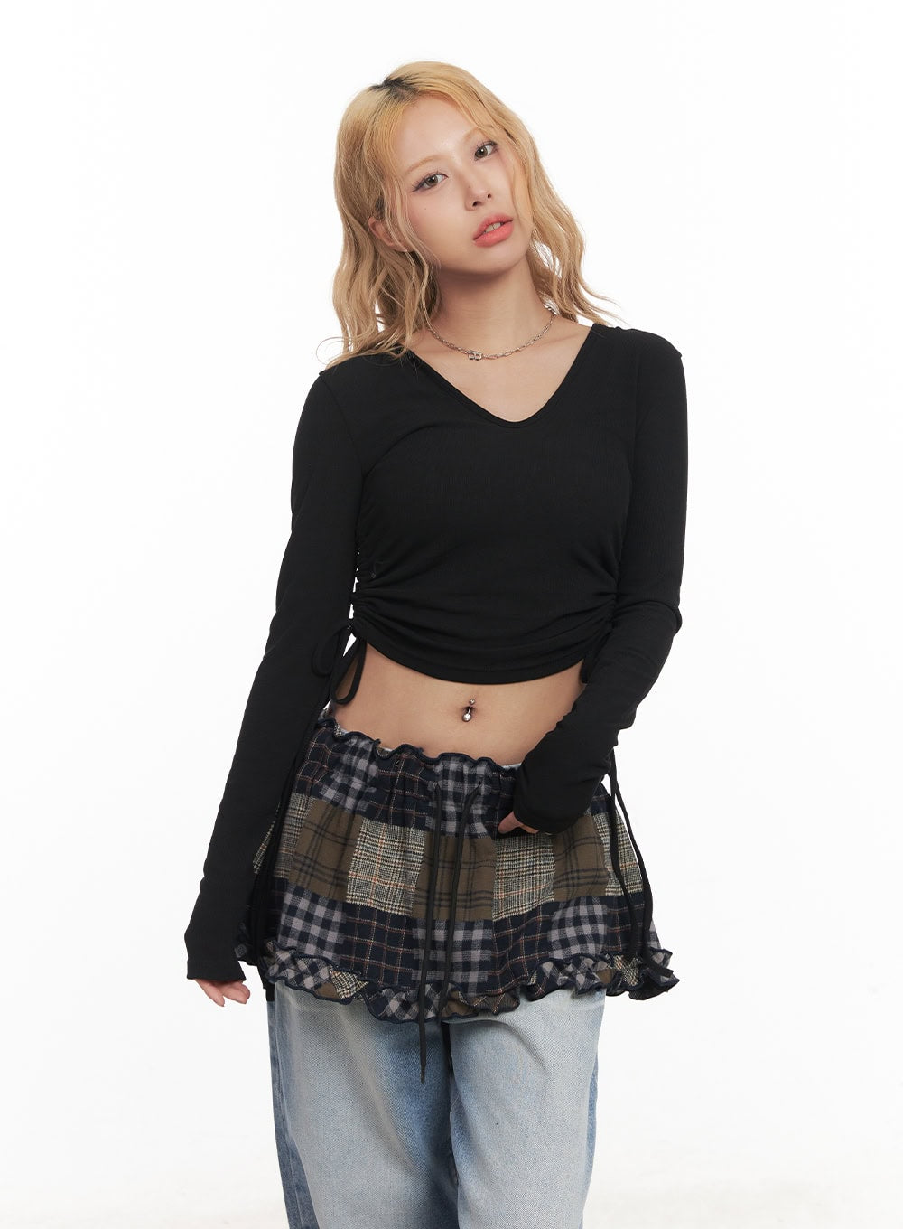 Shirred Ribbon Long-Sleeve Hooded Crop Top CM505
