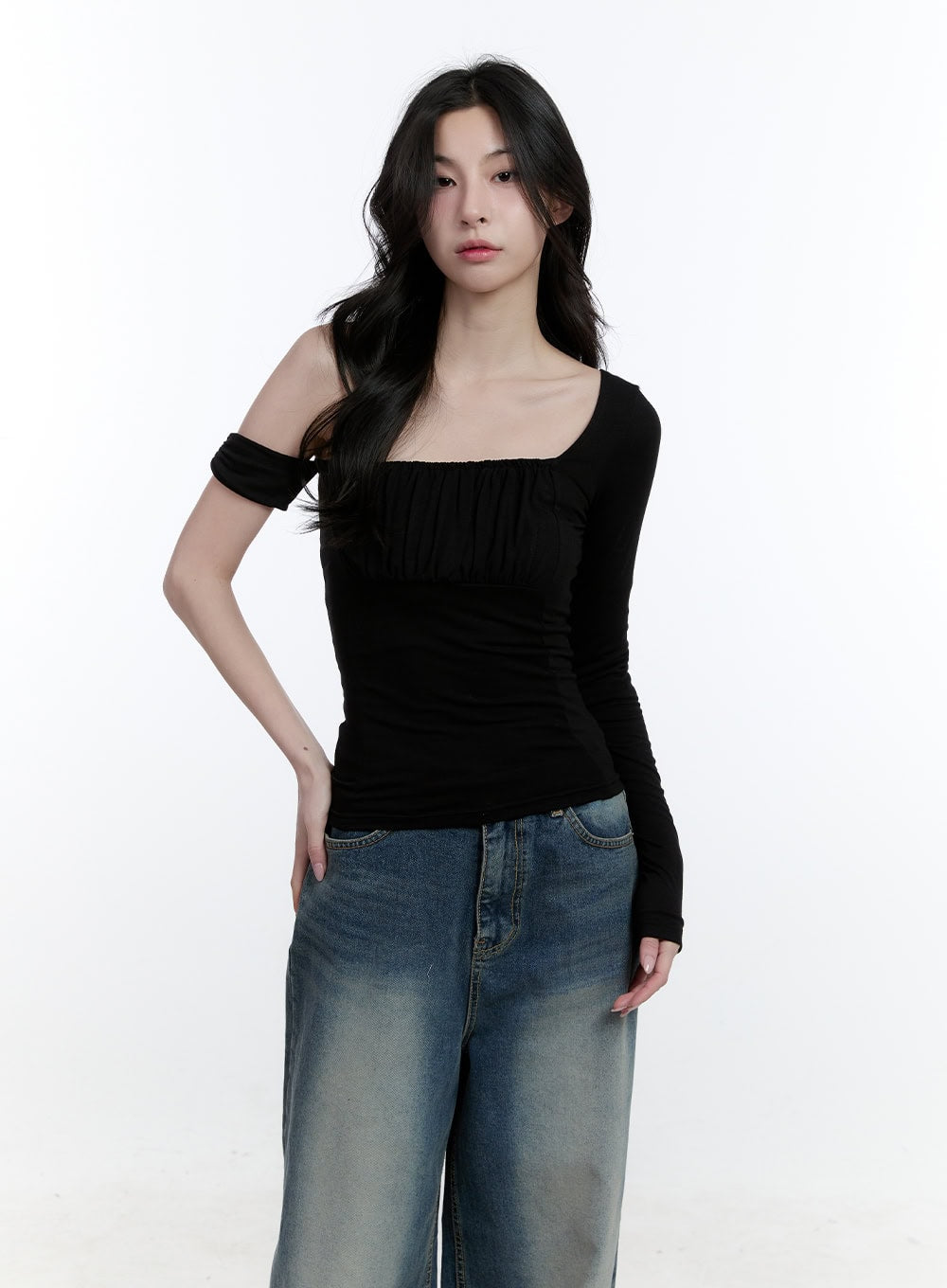 One-Shoulder Asymmetric Shirred Top CJ520