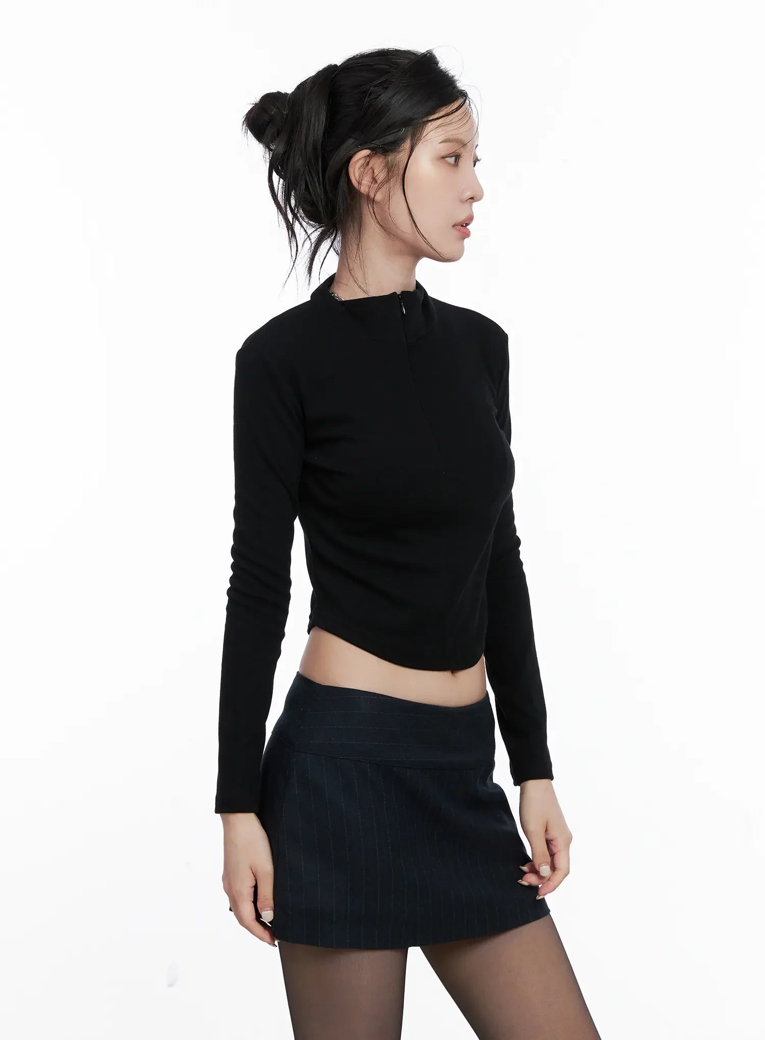 Slim Crop Half Neck Zip-Up Long Sleeve Tee CS512