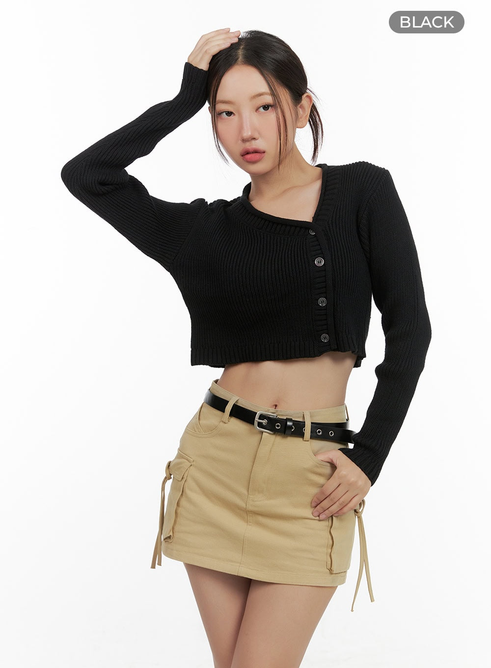 Asymmetrical Knit V-Neck Buttoned Crop Cardigan CG422