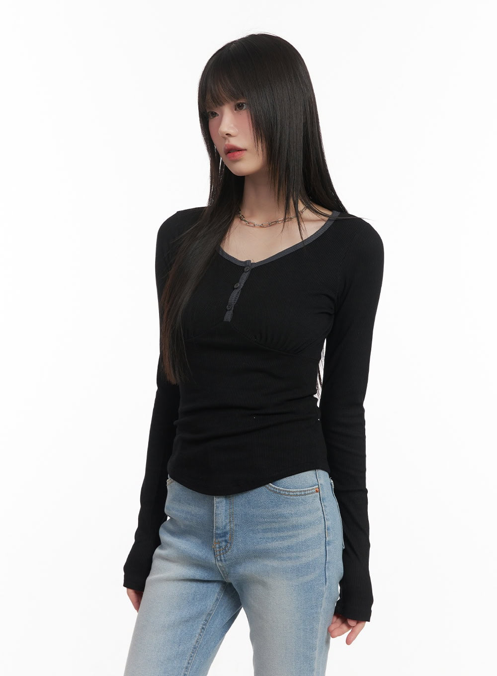 Shirred U-Neck Long-Sleeve Top CF519