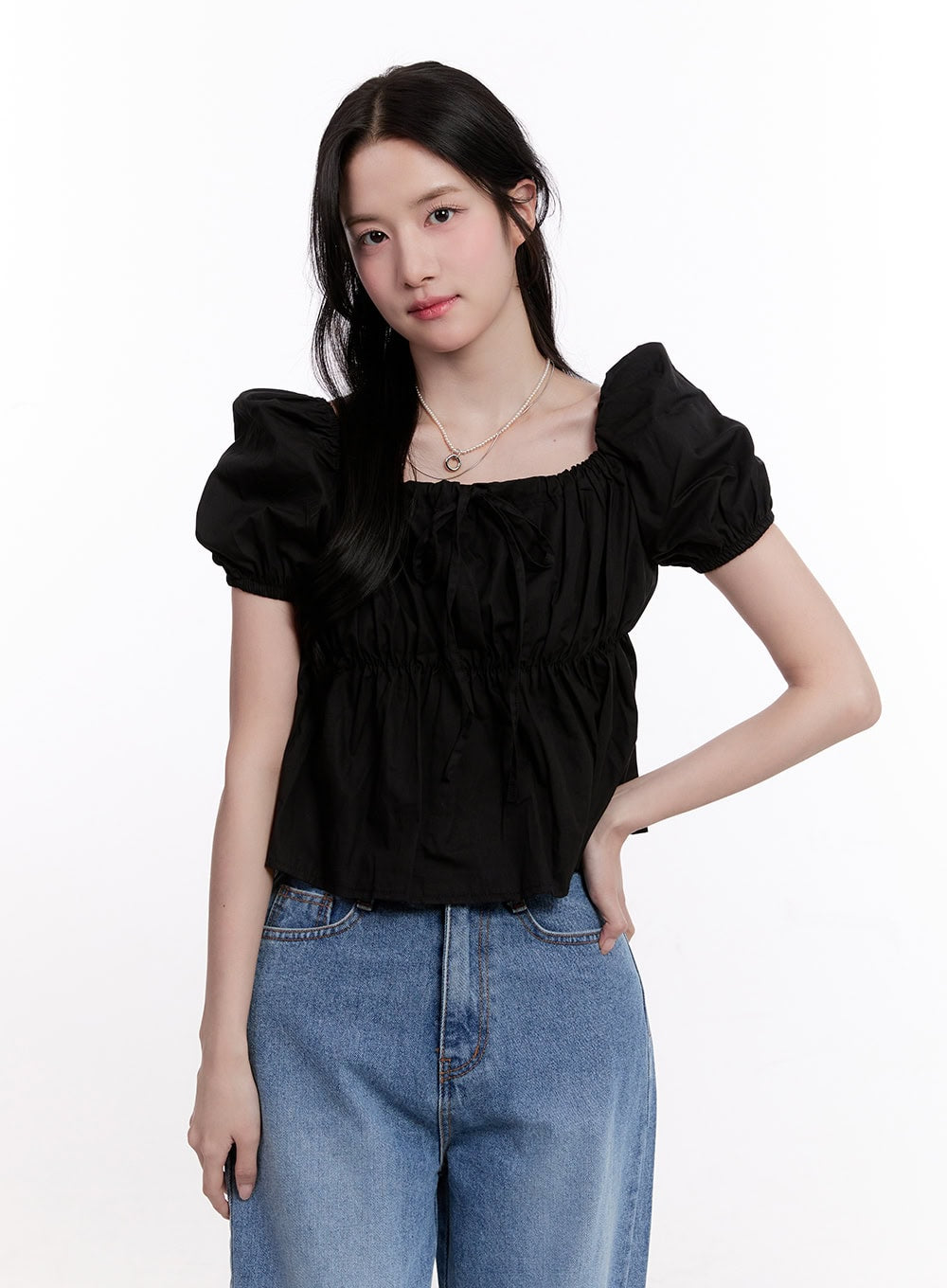 Ribbon Puff Sleeve Square Neck Top CM526