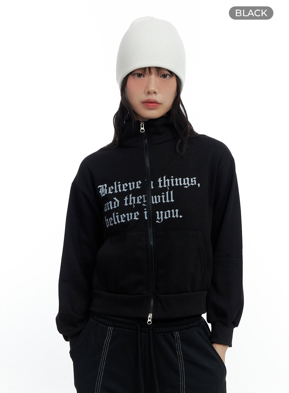 Zip-Up Cotton Lettered Sweatshirt CS420