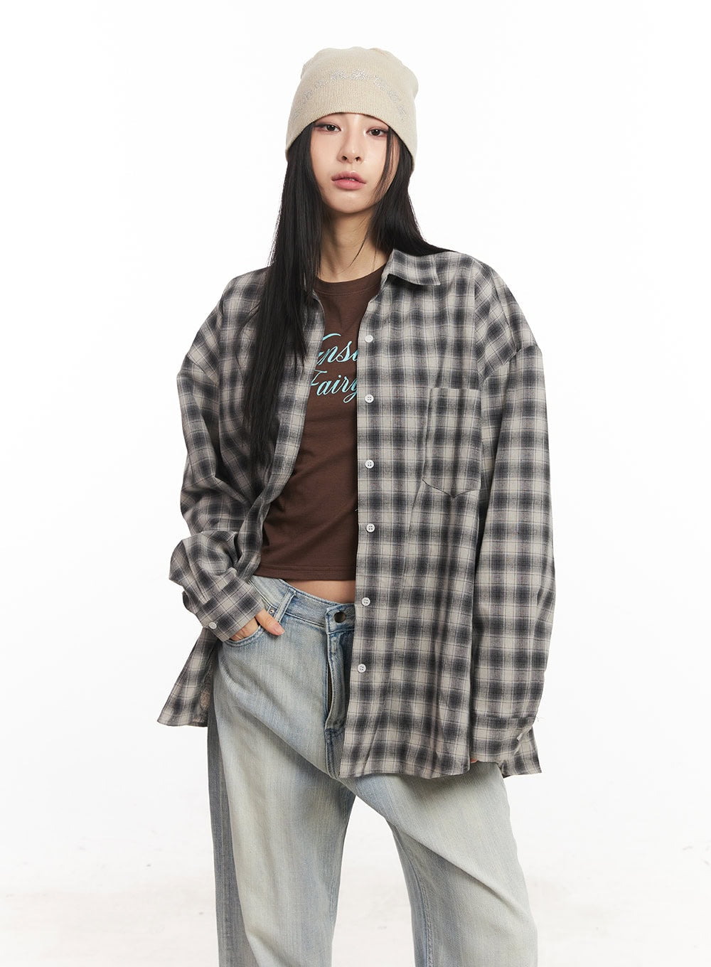 Oversized Plaid Print Button-Down Shirt CA514