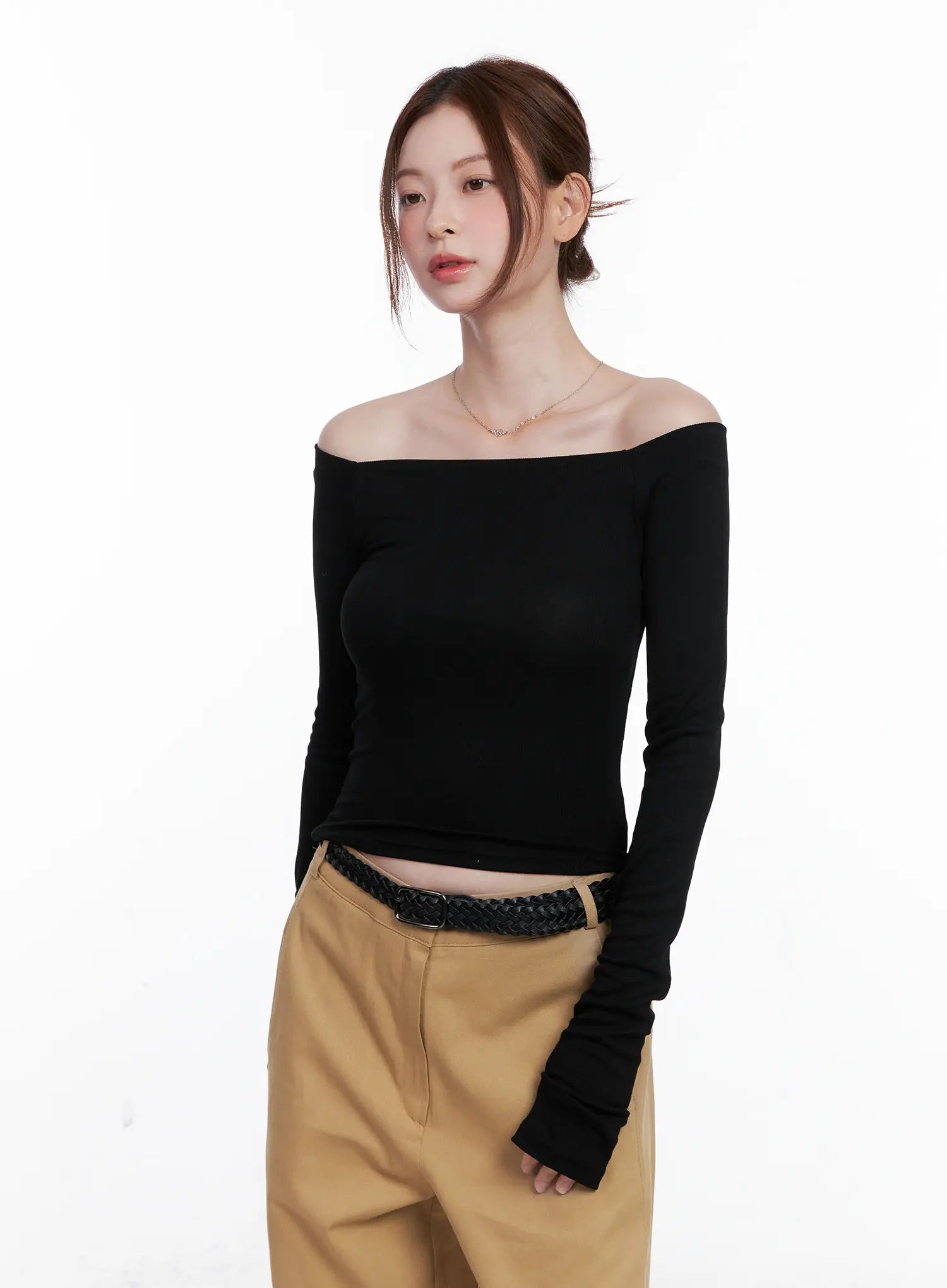Ribbed Off-Shoulder Long Sleeve Top CG520