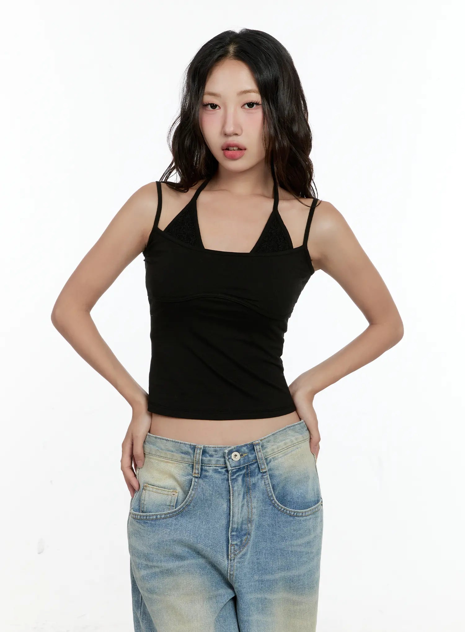 Double-Layered Lace Halter Top CL531