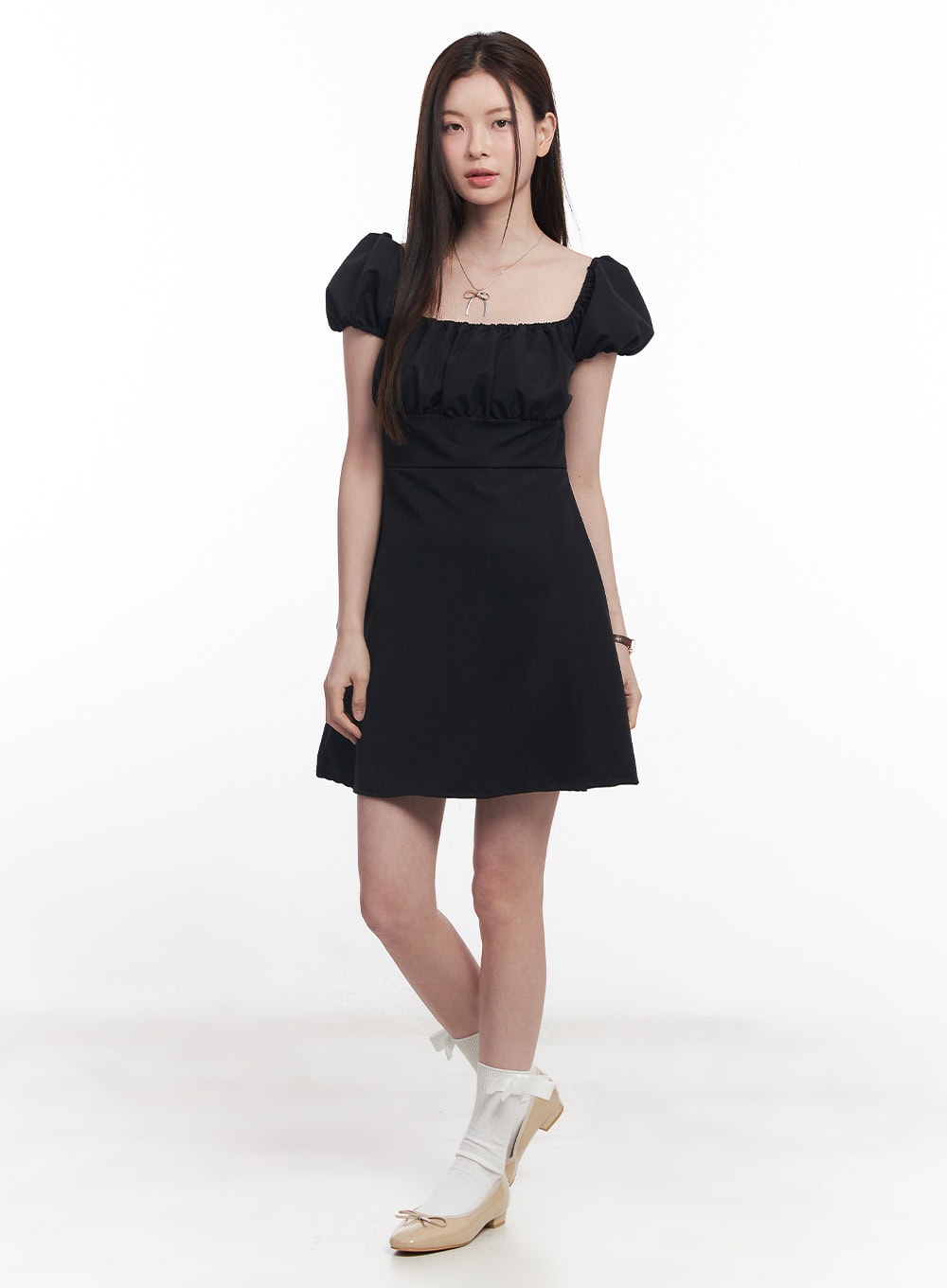 Puff-Sleeve Shirring Mini Dress CY515