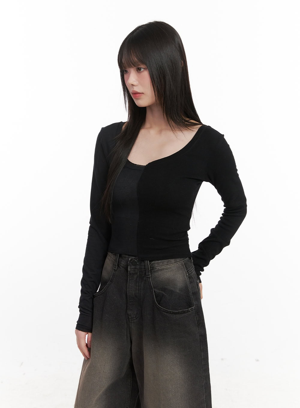 Sheer Asymmetric Long Sleeve Top CJ528