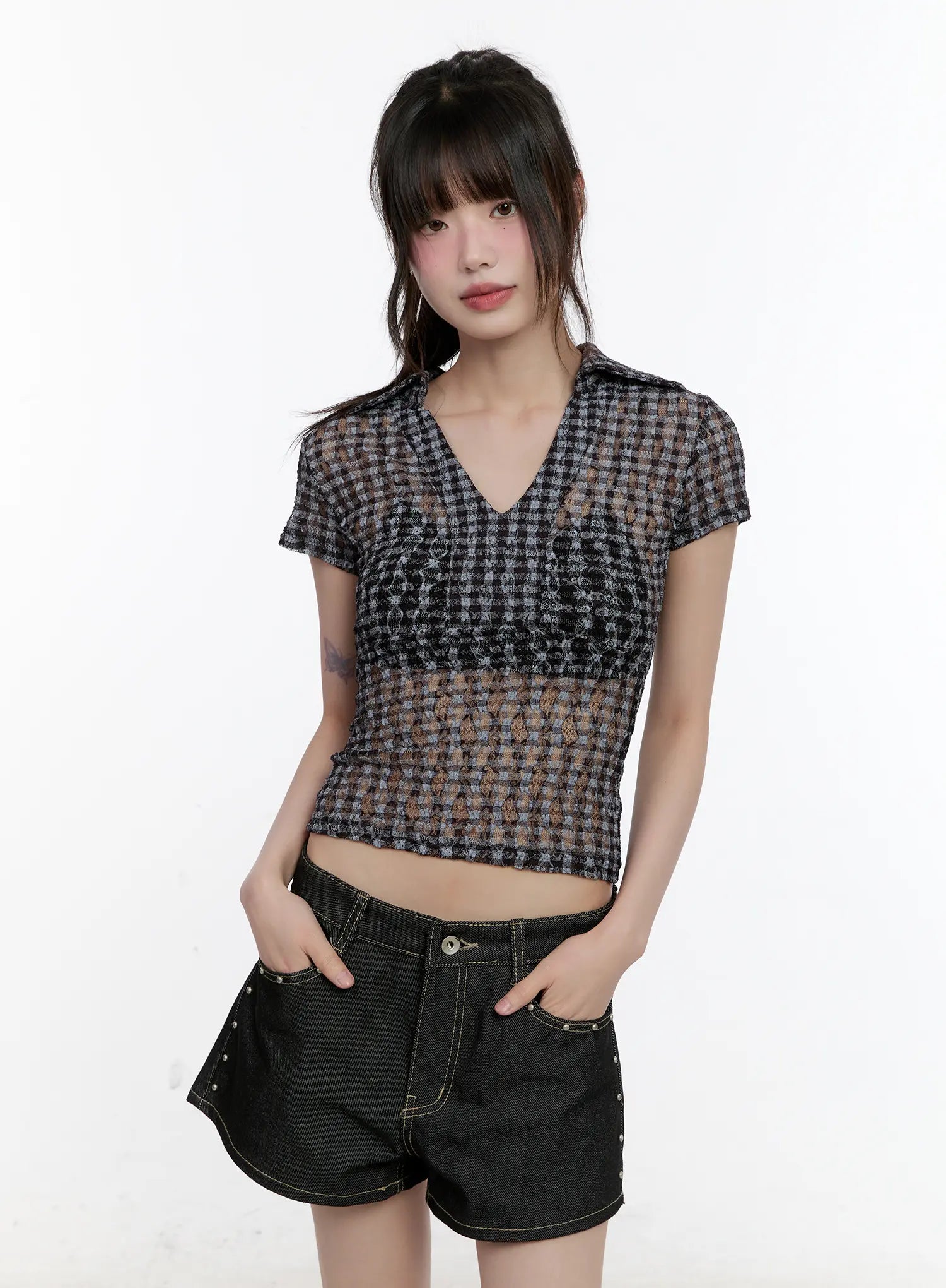 Sheer Checked Collar Tee CL504