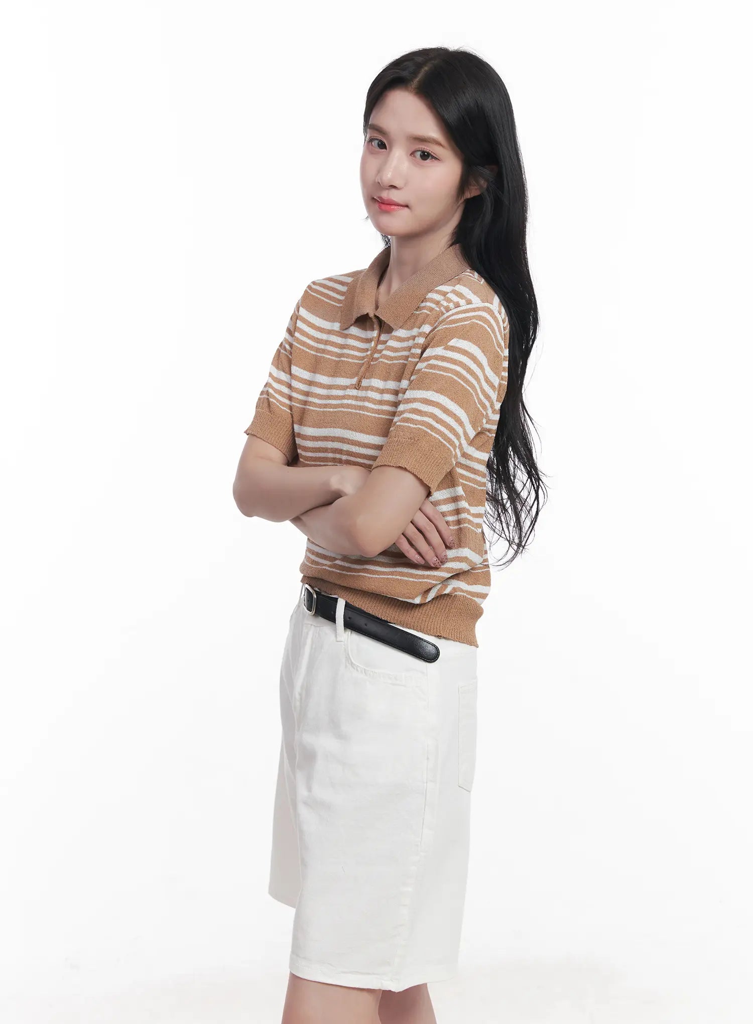 Striped Collared Short-Sleeve Sweater CU525