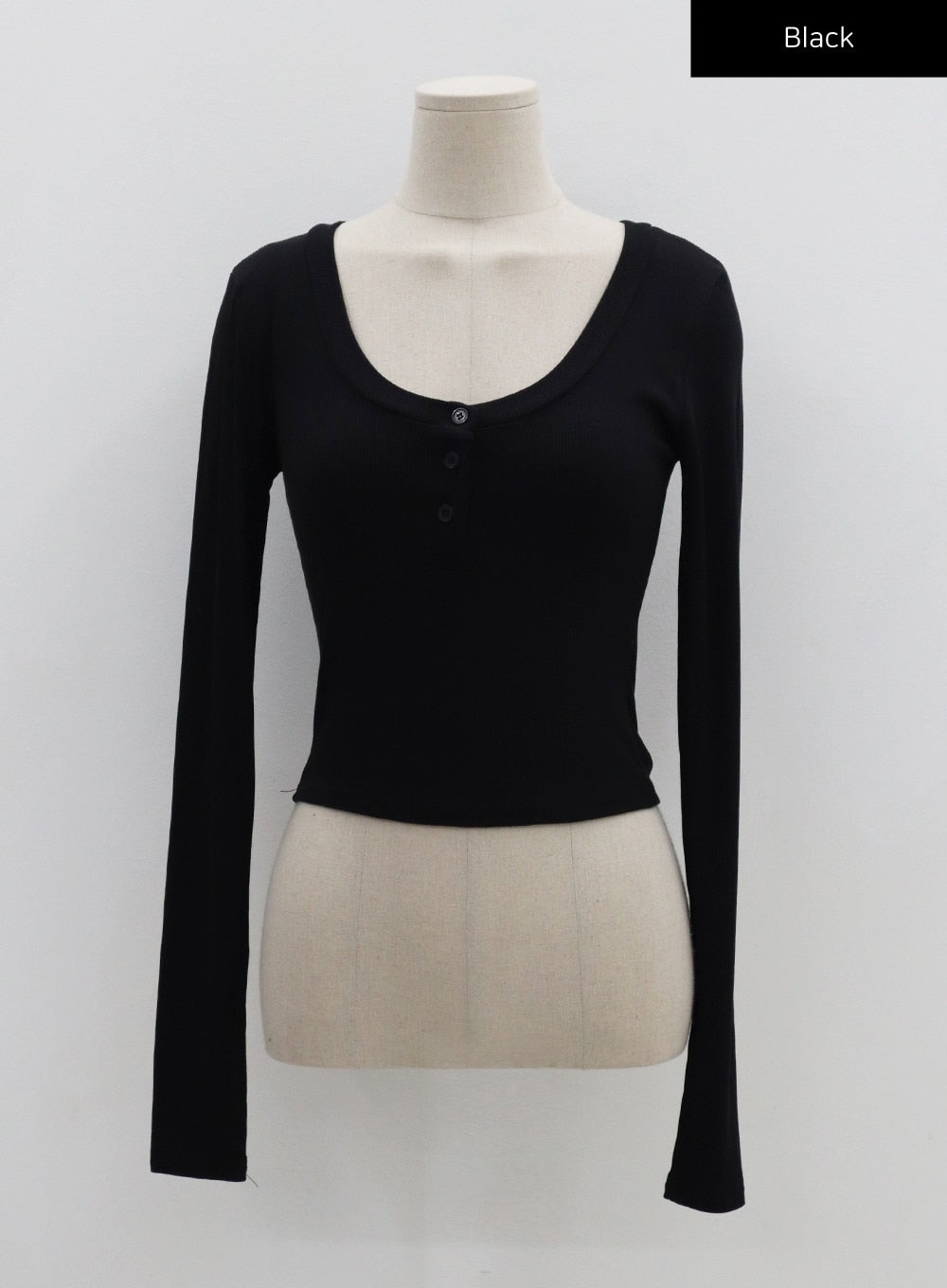 Button U-Neck Crop Long Sleeve T-Shirt CS02