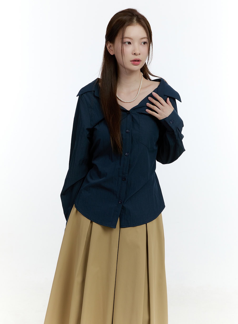Ribbon-Tie Collared Button-Up CF503
