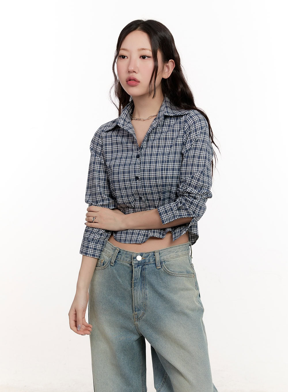 Checkered Collared Crop Shirt CM510