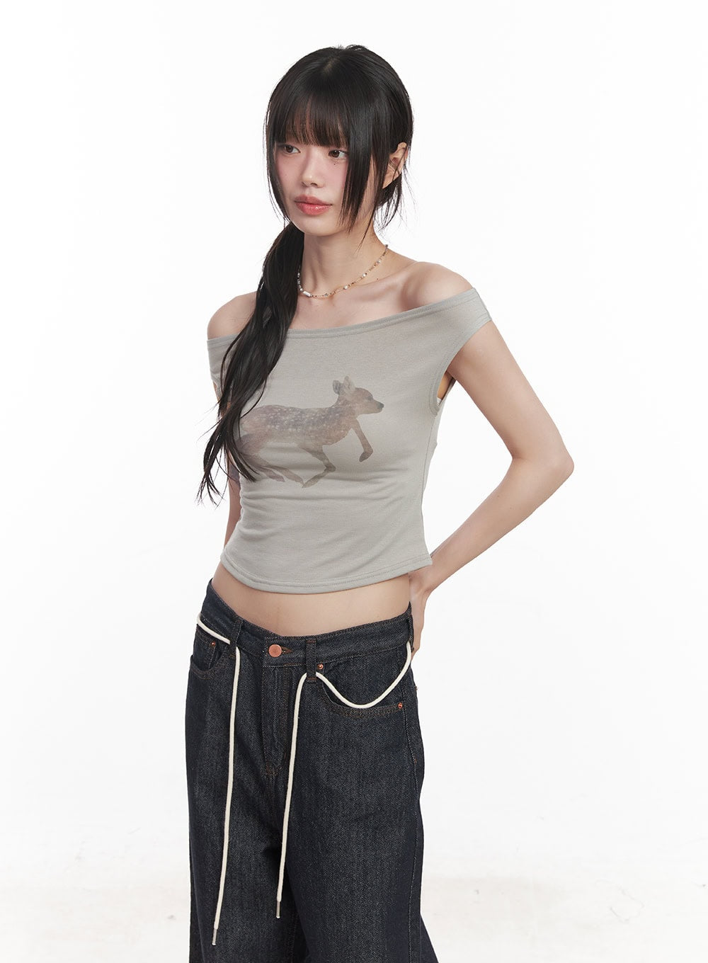 Cute Animal-Print  Graphic Off-Shoulder Crop Top CY521