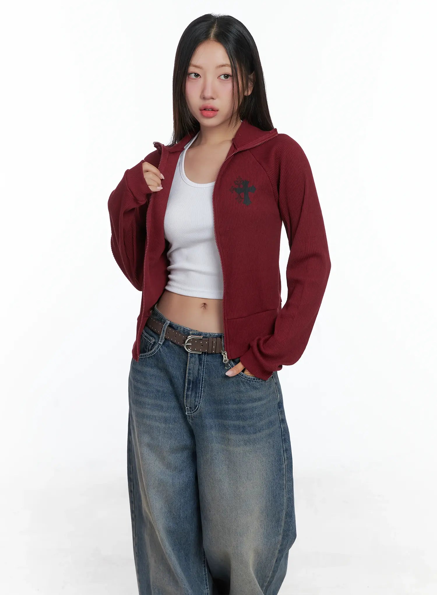 Gothic Print Slim Fit Ribbed Zip-Up Jacket CS503