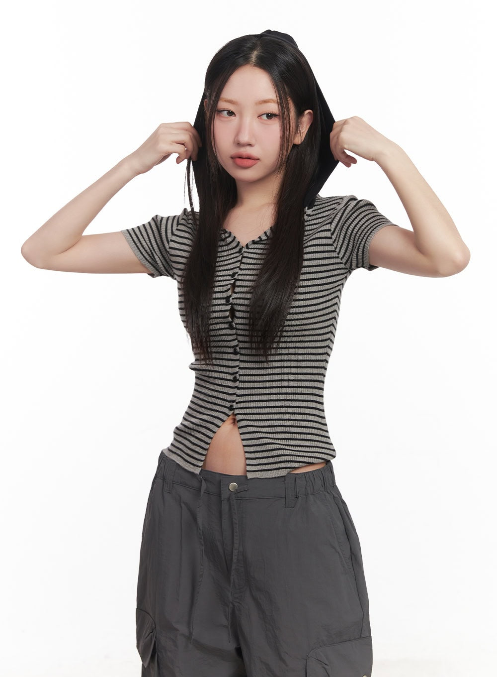 Stripe Buttoned Hooded Top CA511