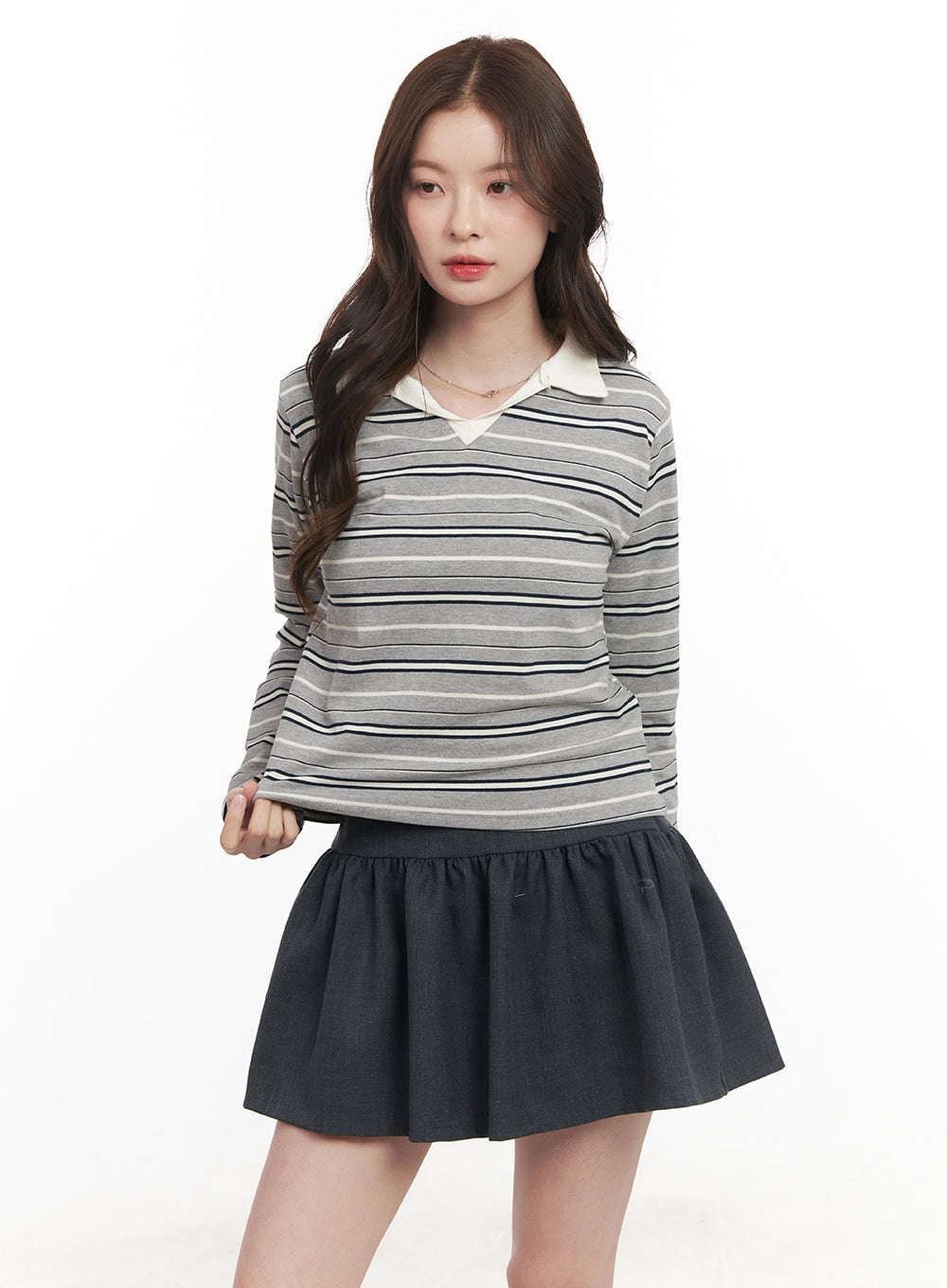 Striped Long-Sleeve Collared Top CM511