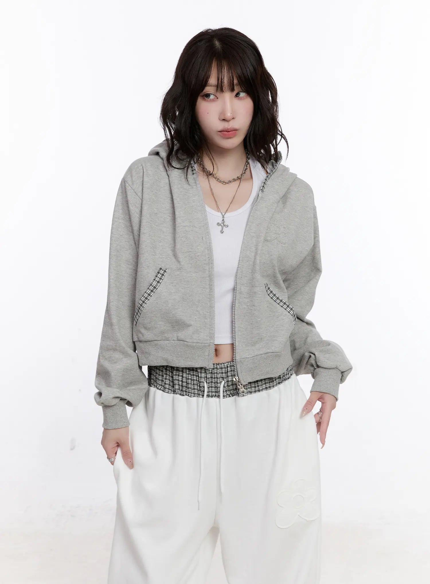 Plaid Trim Crop Zip-Up Hoodie CS530