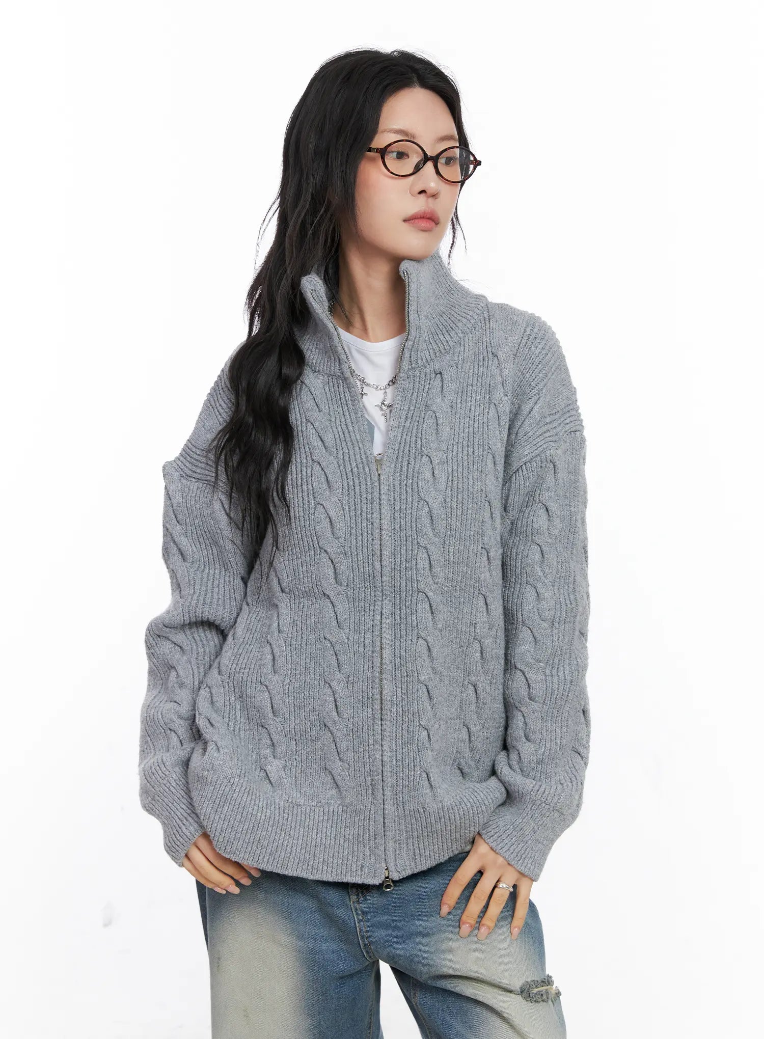 Oversized Cable Knit Zip-Up Sweater CO508