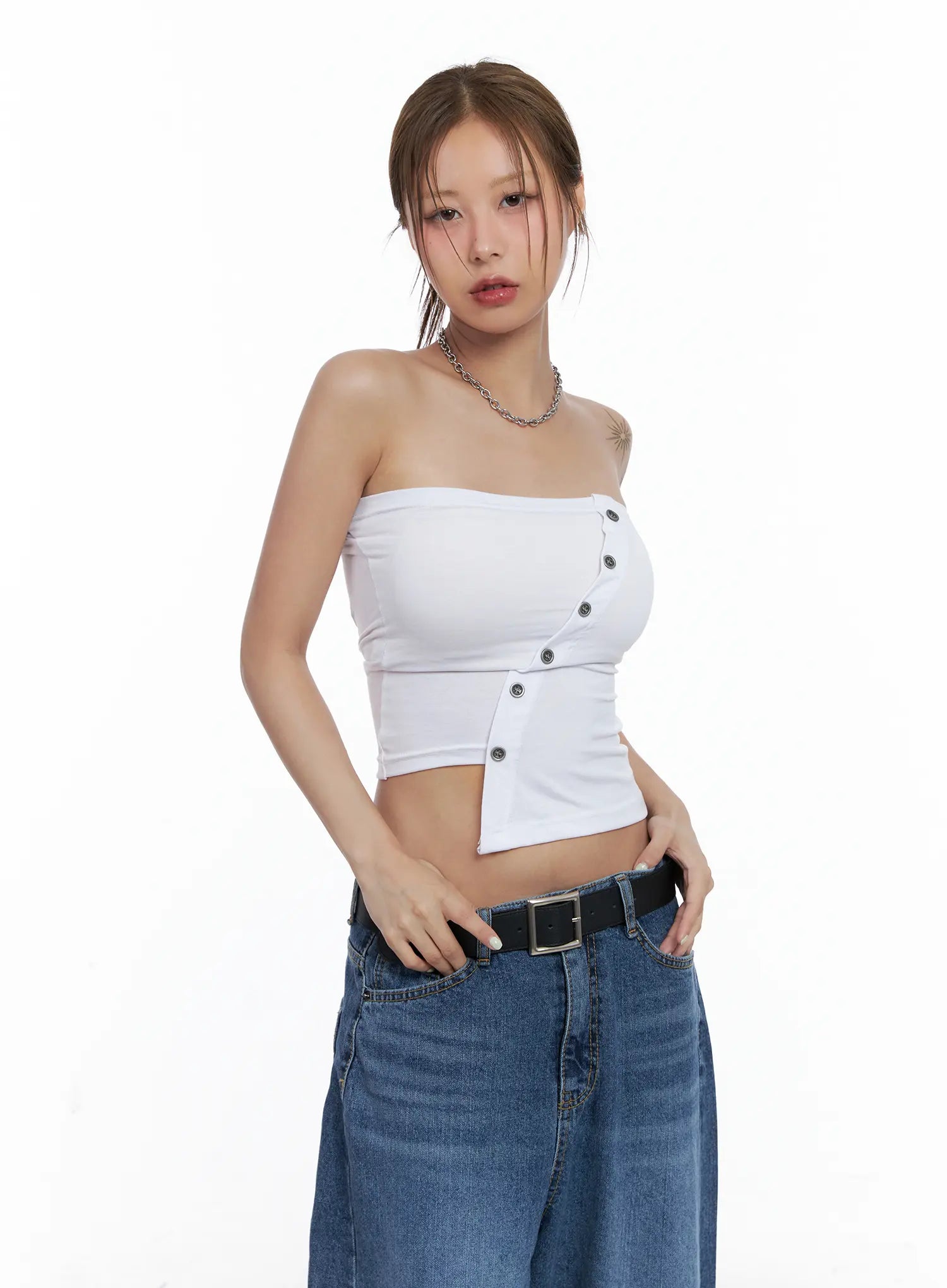 Asymmetric Button Tube Top CL510