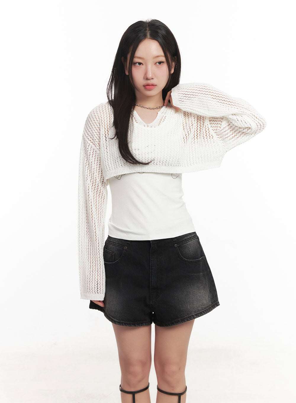 Knit Mesh Crop Long-Sleeve Top CA529