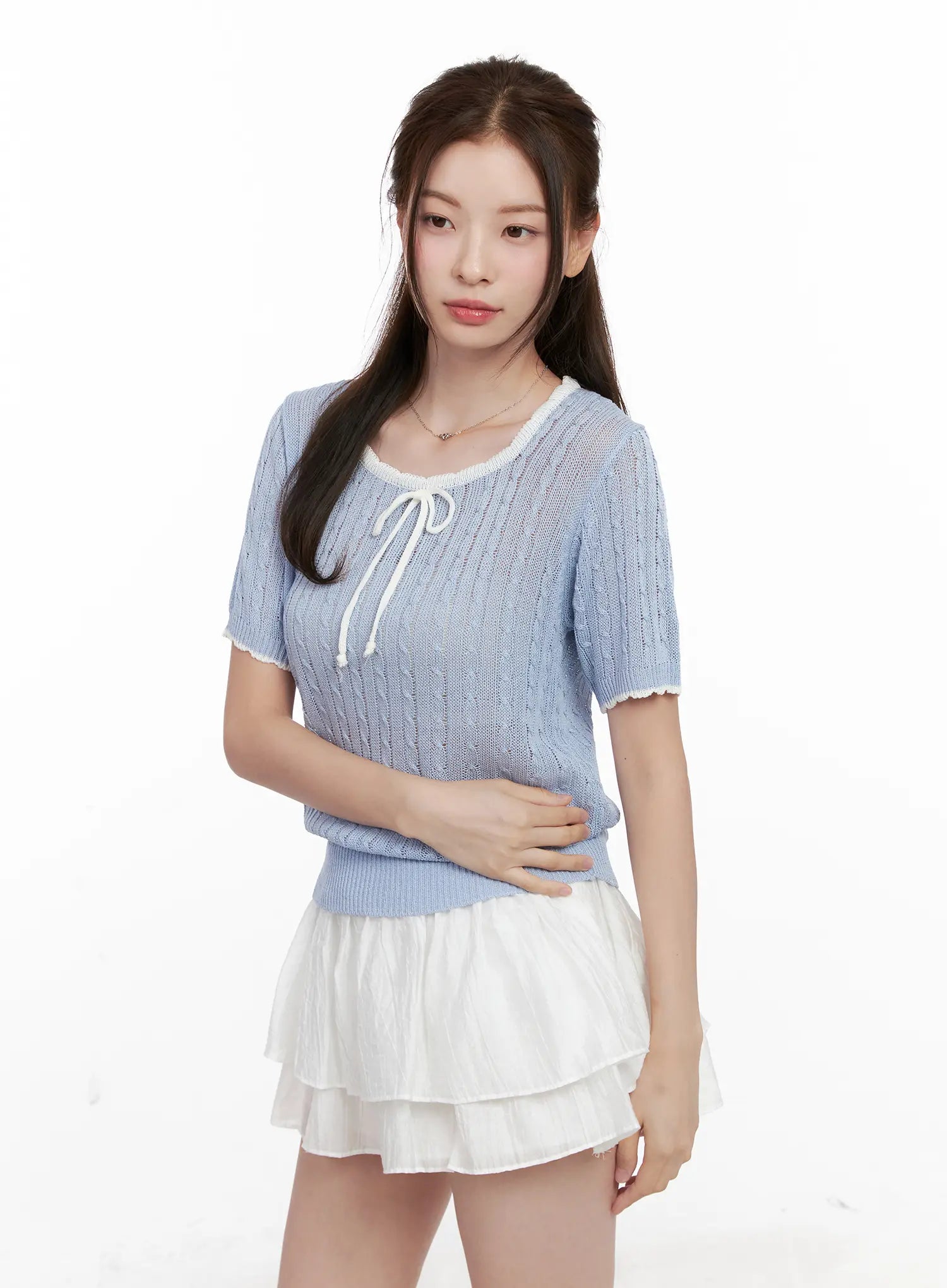 Contrast Trim Ribbon Knit Shirt CL523