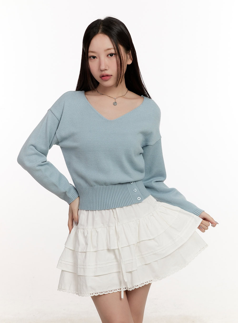 Buttoned V-Neck Crop Sweater CM510