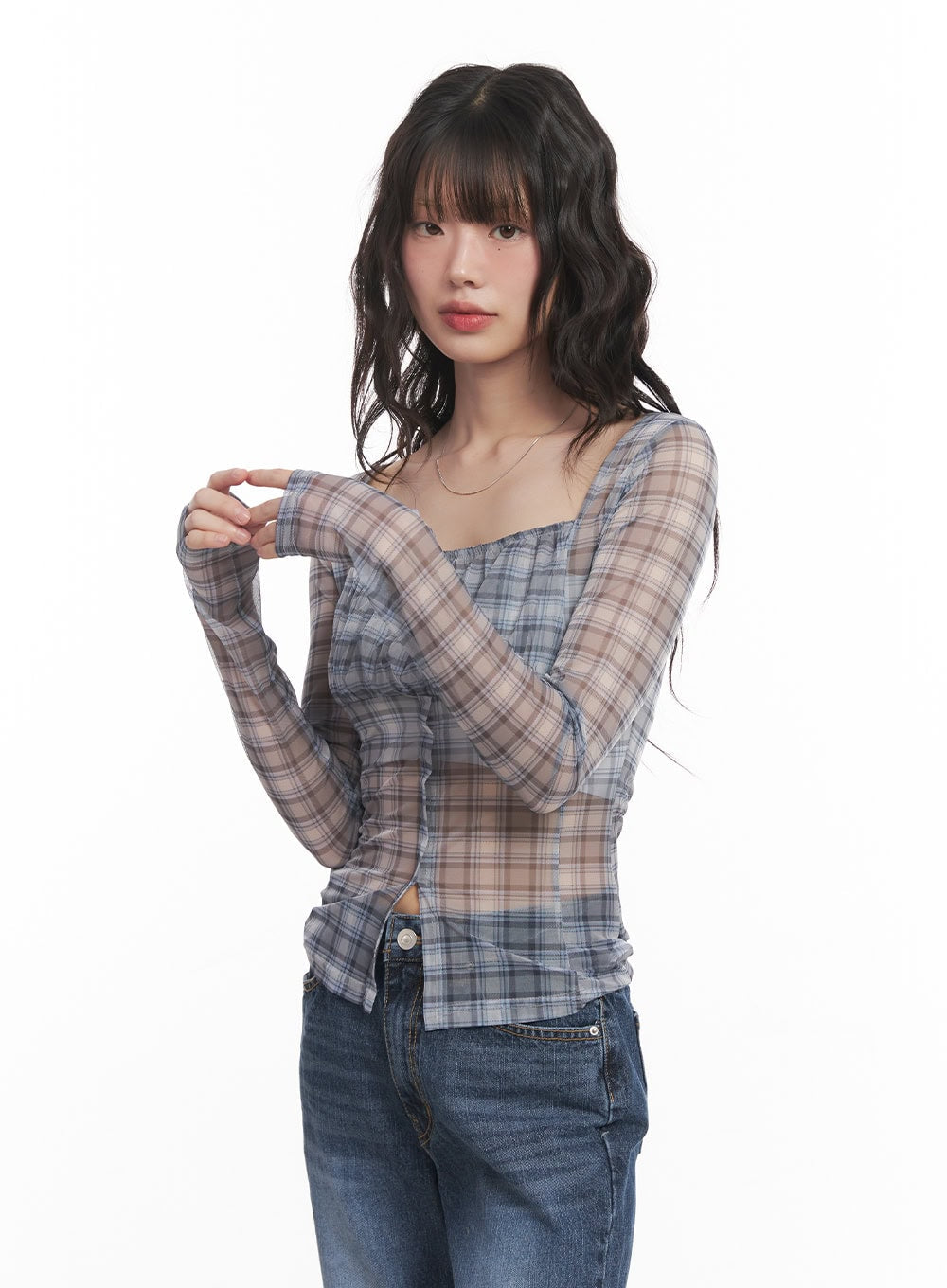 Sheer Checkered Square Neck Crop Top CM520