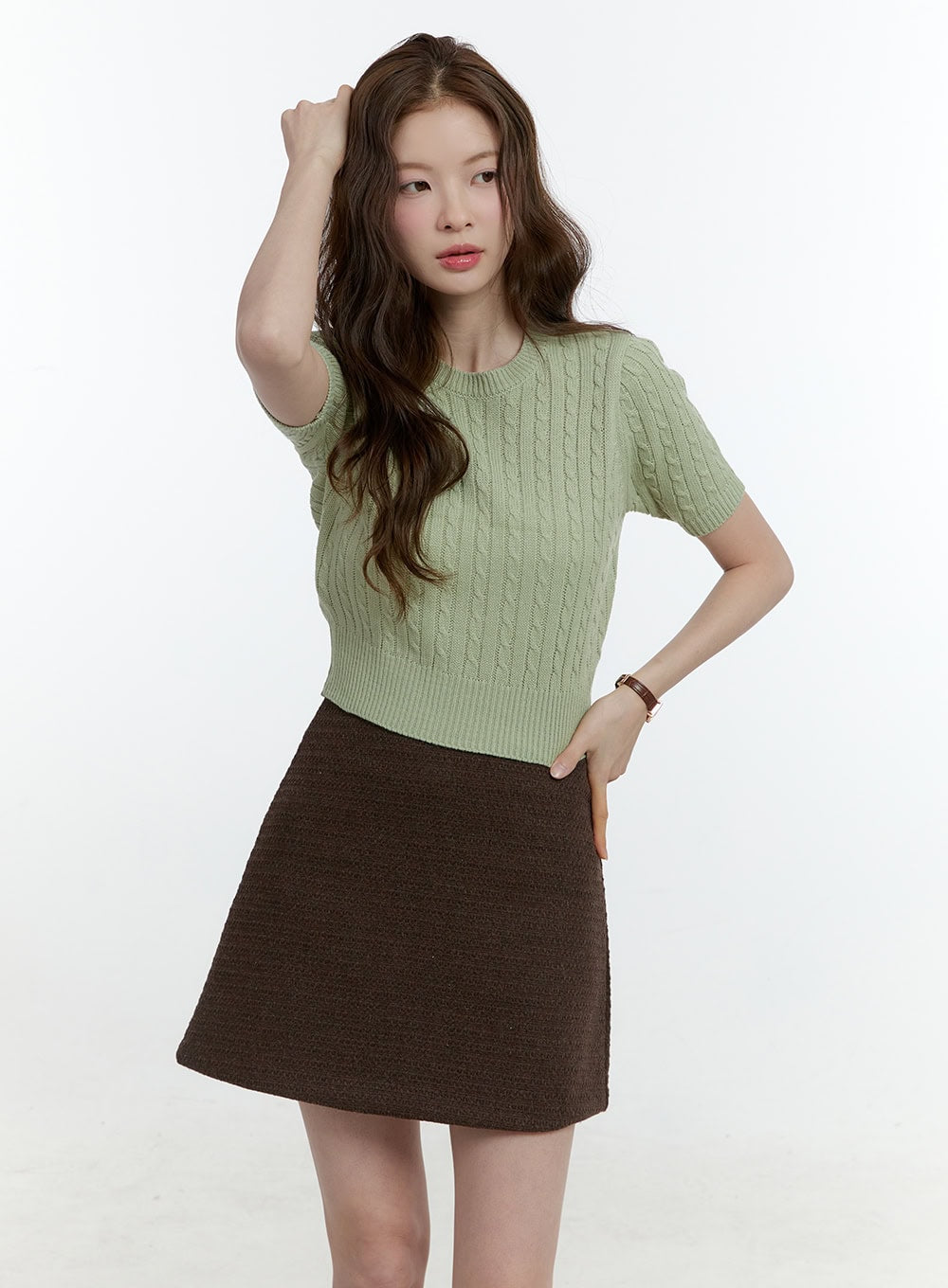 Cable-Knit Short-Sleeve Crop Sweater CF504