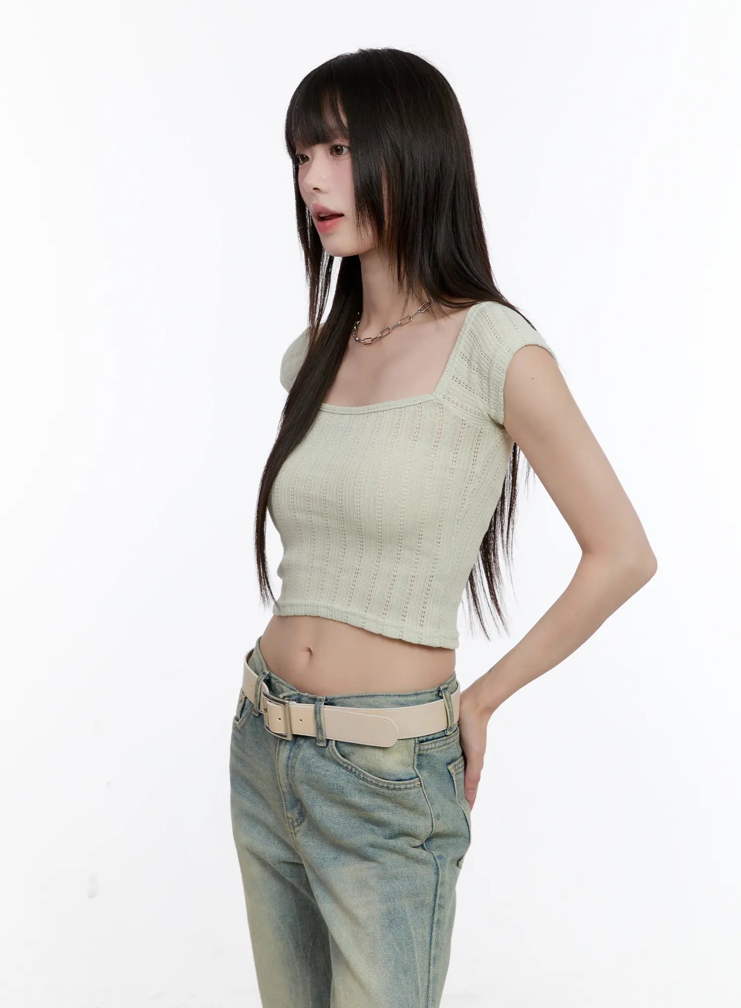 Square-Neck Cap-Sleeve Crop Top CL504
