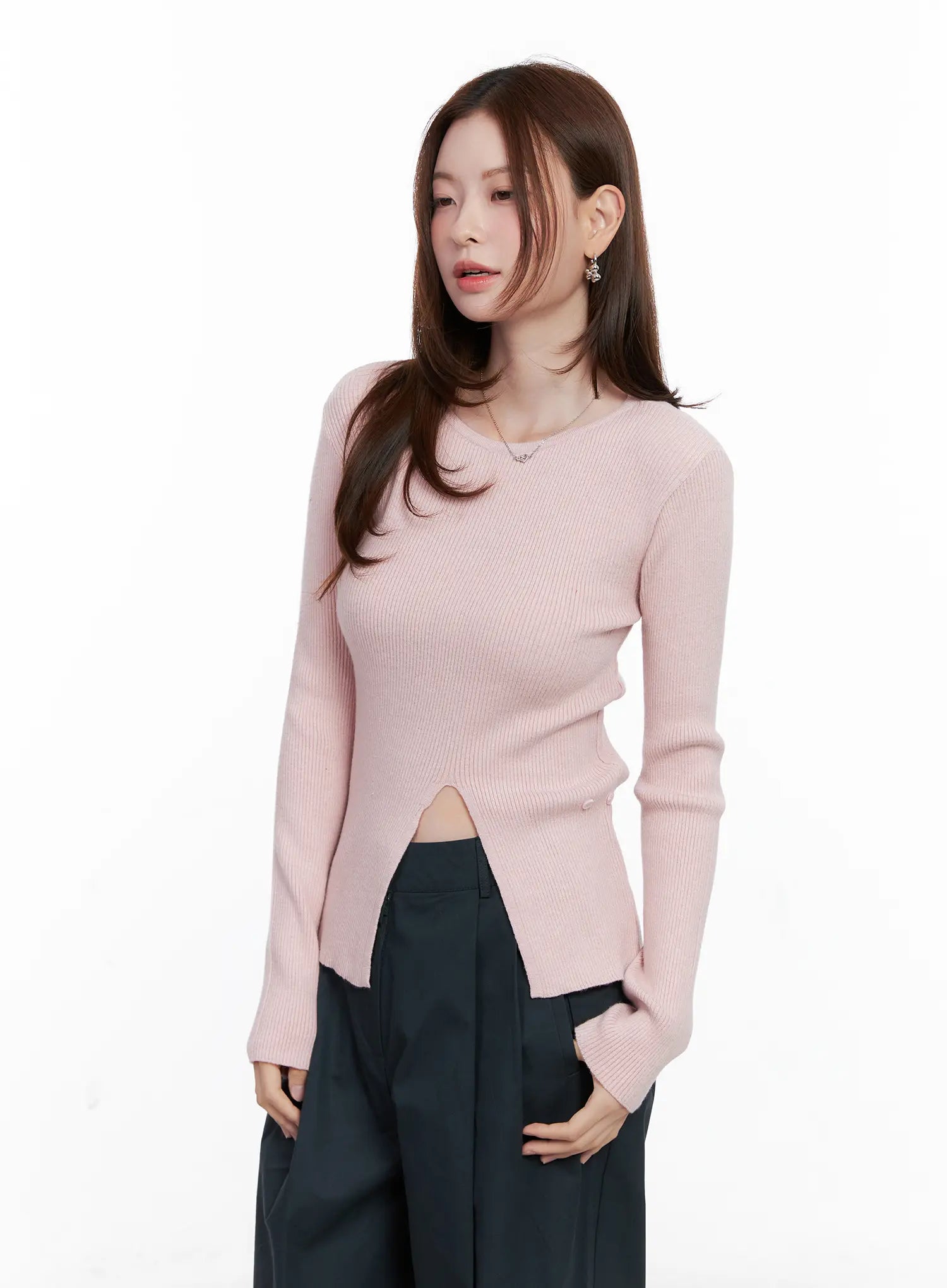 Two-Way Button Side-Slit Knit Top CG521