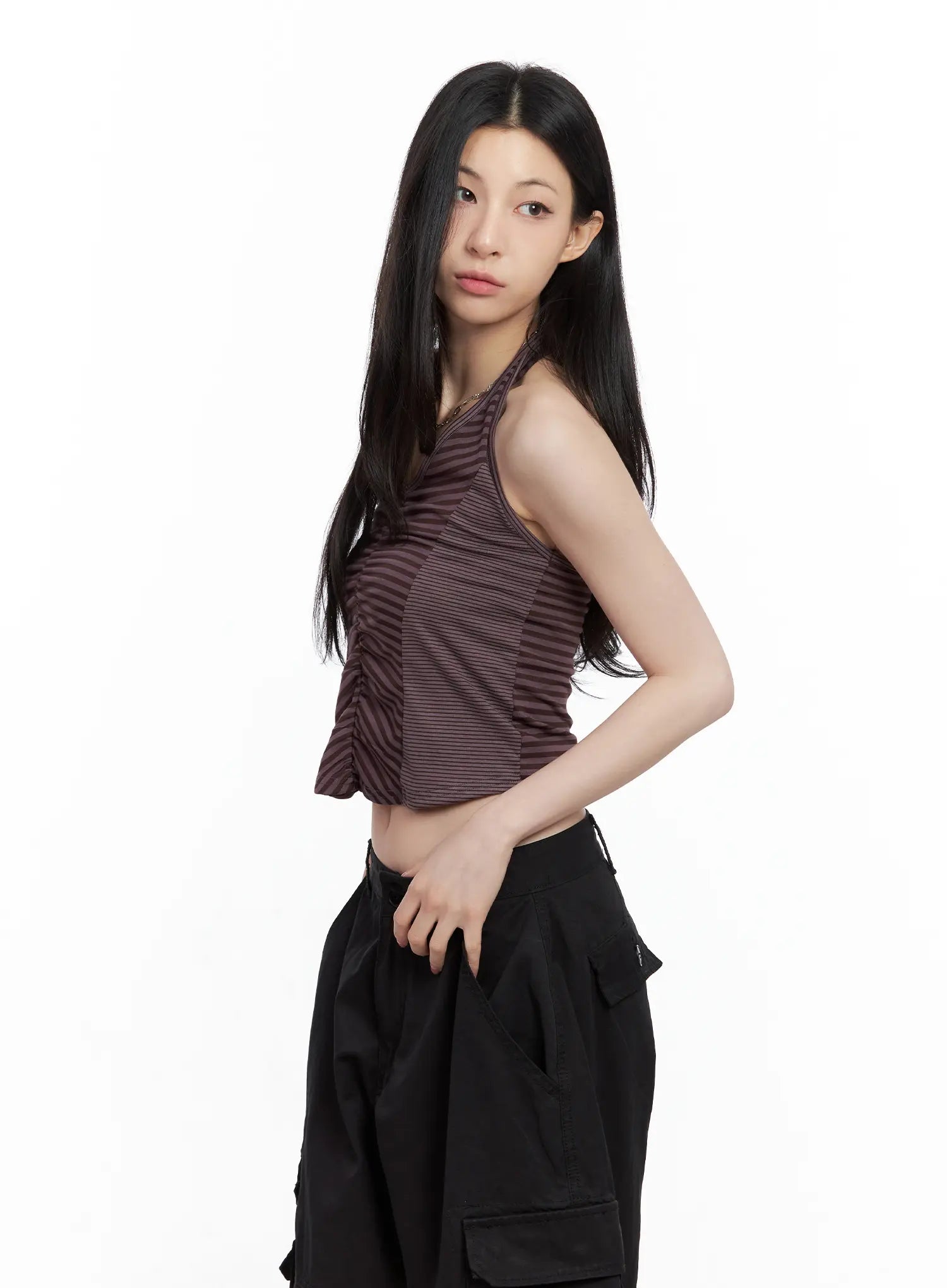 Ruched Striped Halter Top CU530