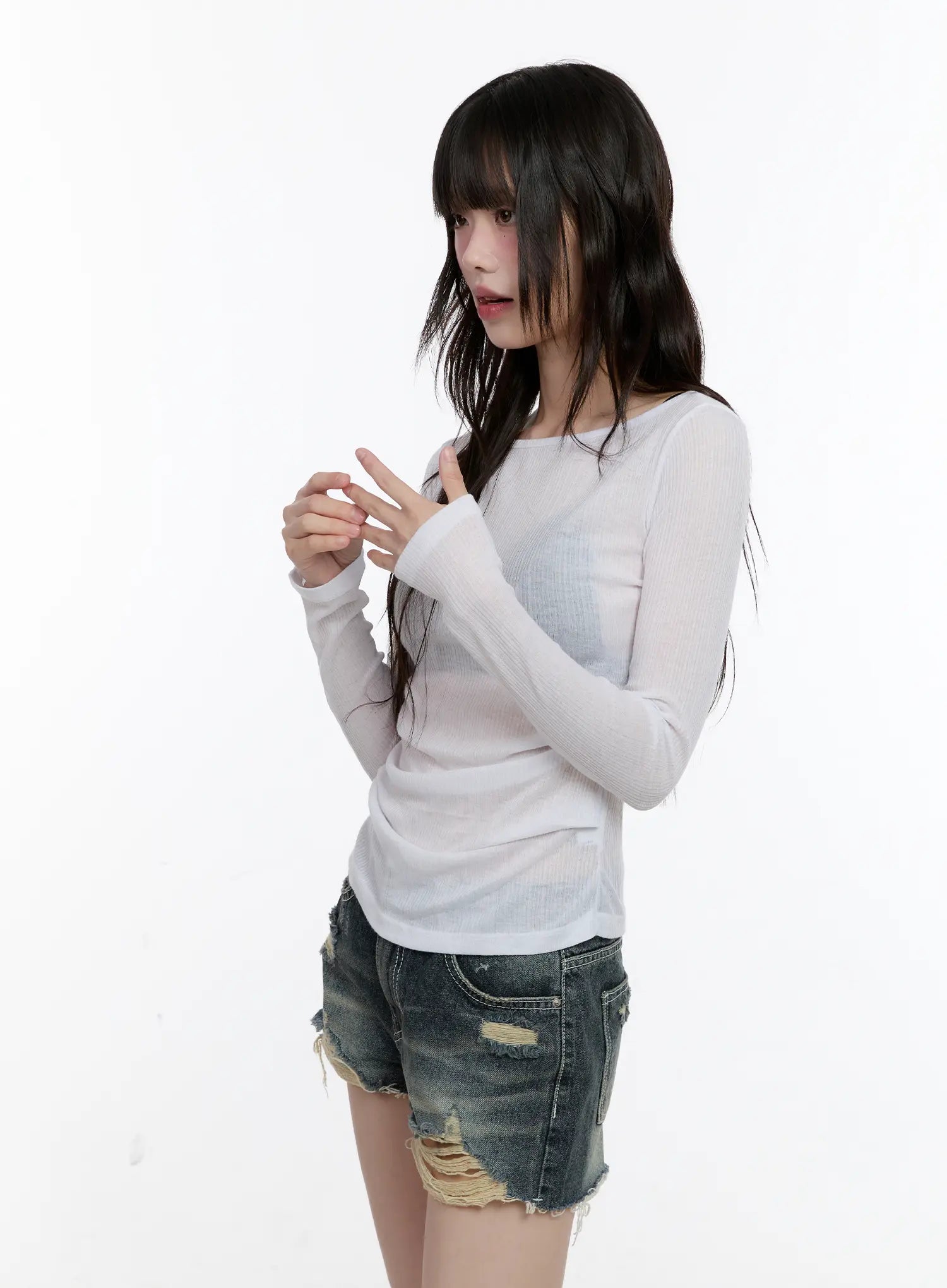 Boat-Neck Sheer Long-Sleeve Top CL507