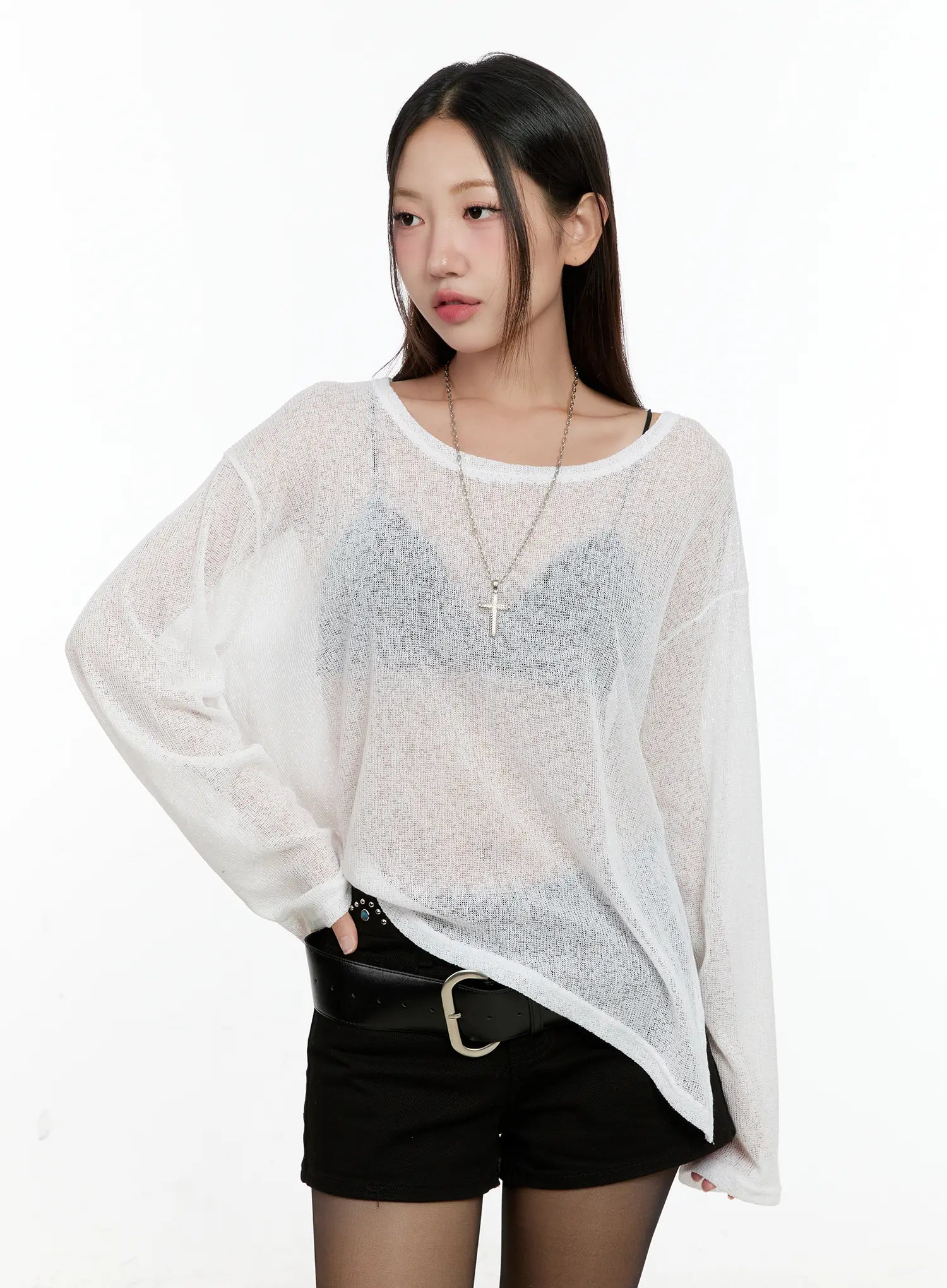 Off-Shoulder Sheer Long-Sleeve Top CG501