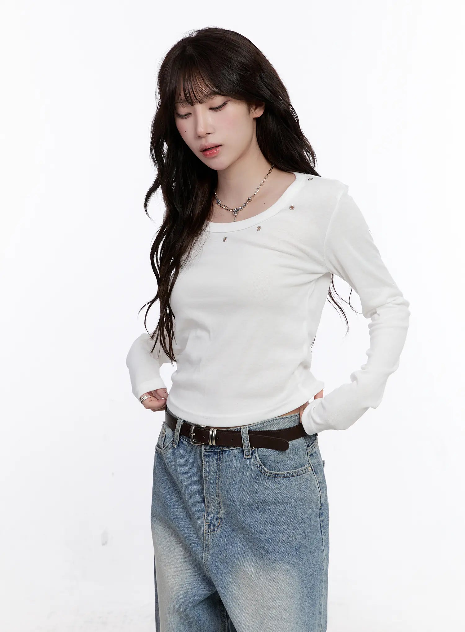 Ribbed U-Neck Eyelet Long Sleeve Top CS530
