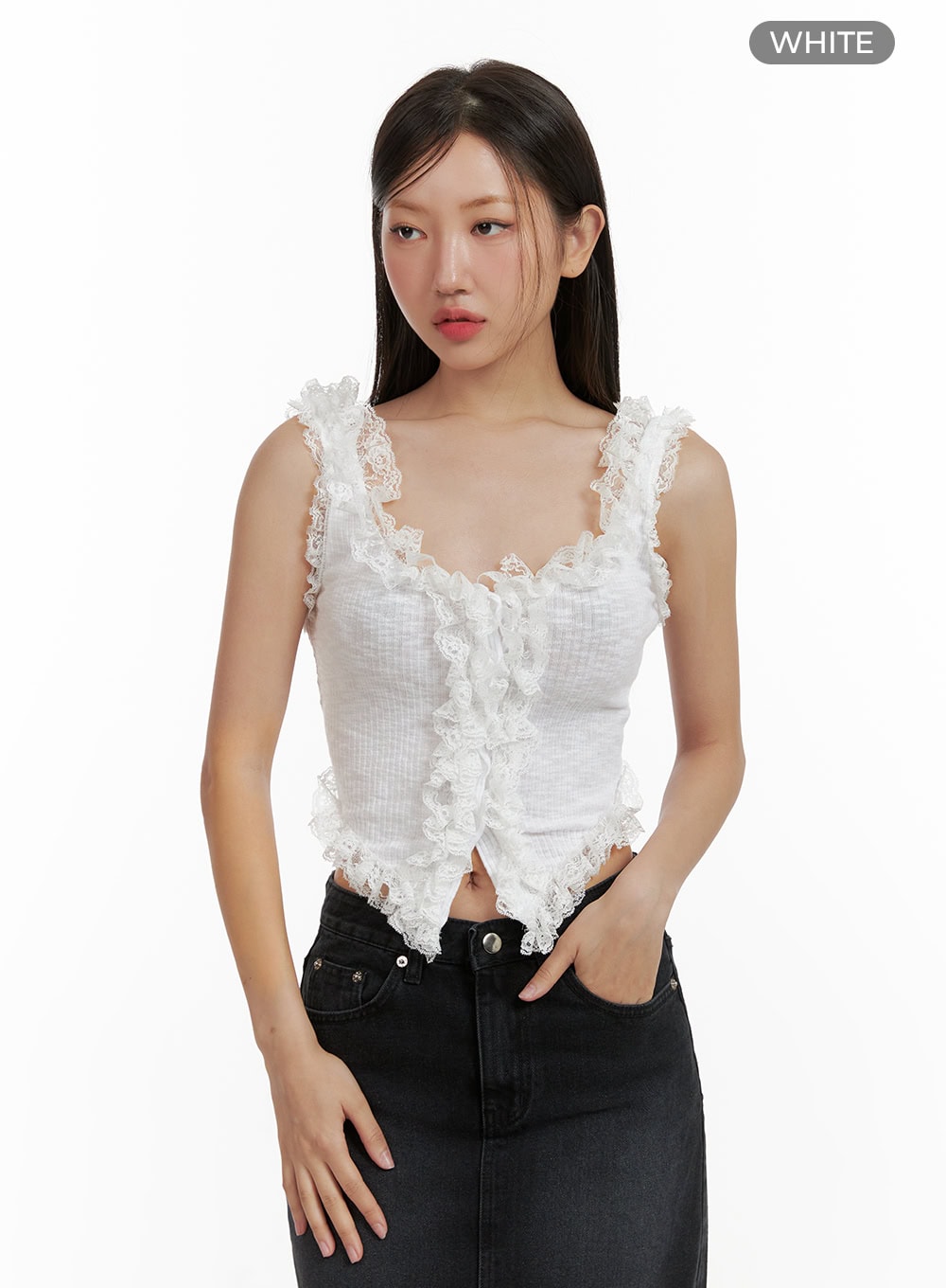 Lace Ruffle Hem Sleeveless Top CU405