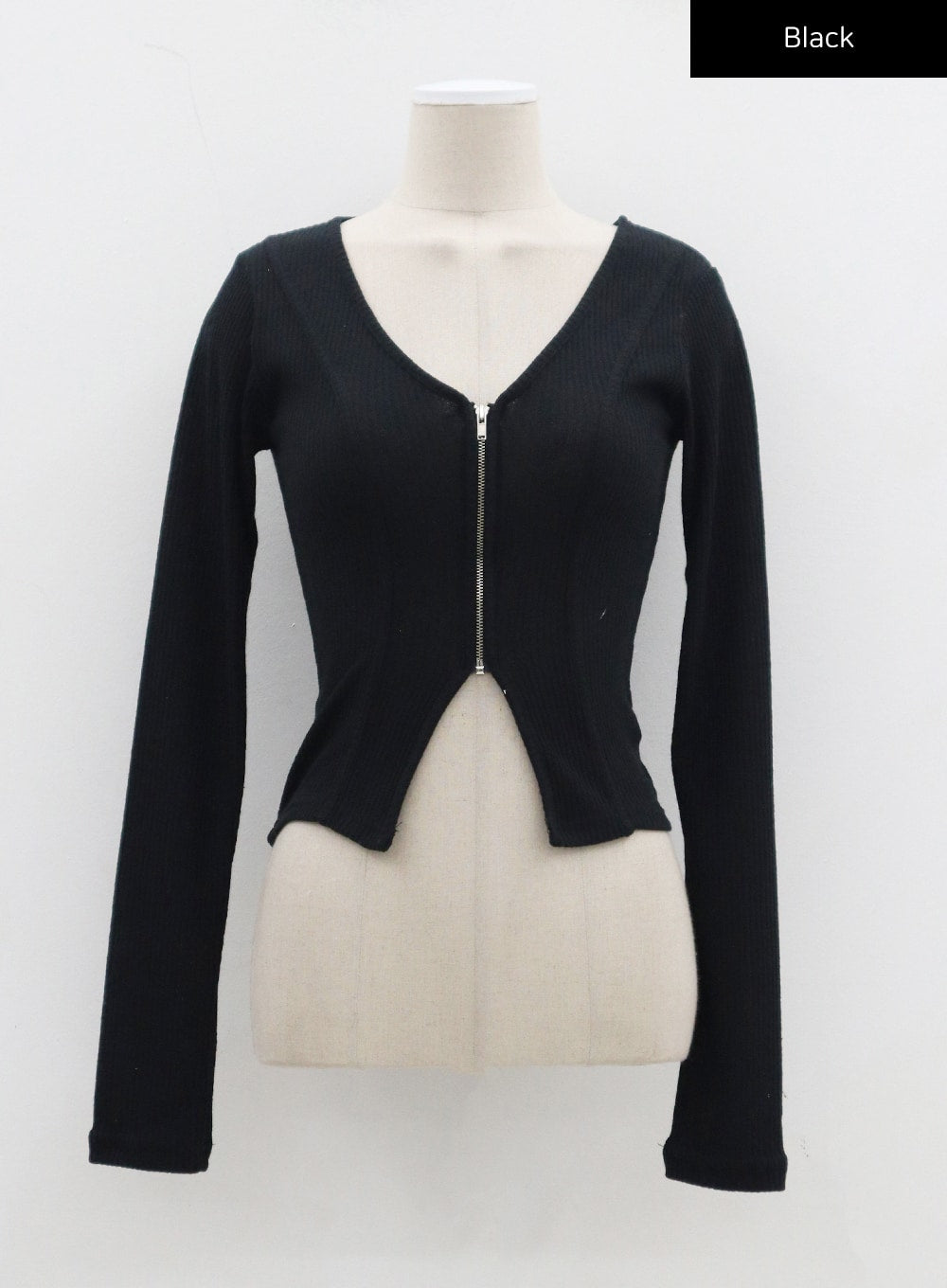 V-Neck Ribbed Knit Cropped Zip-Up CJ326