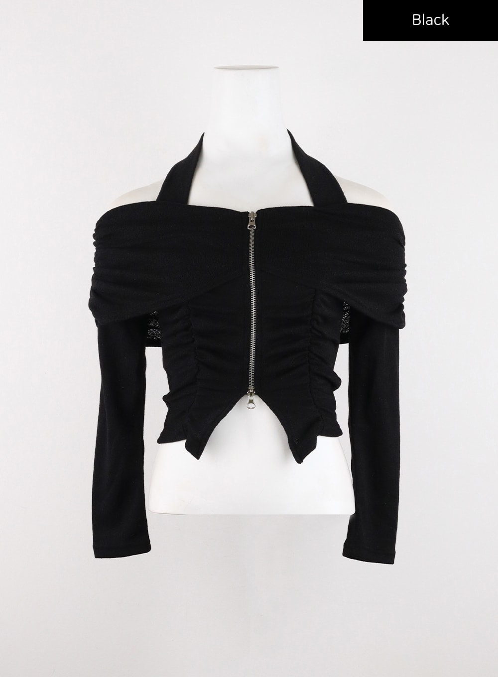 Shirred Off-Shoulder Zip-Up Crop Top CD307