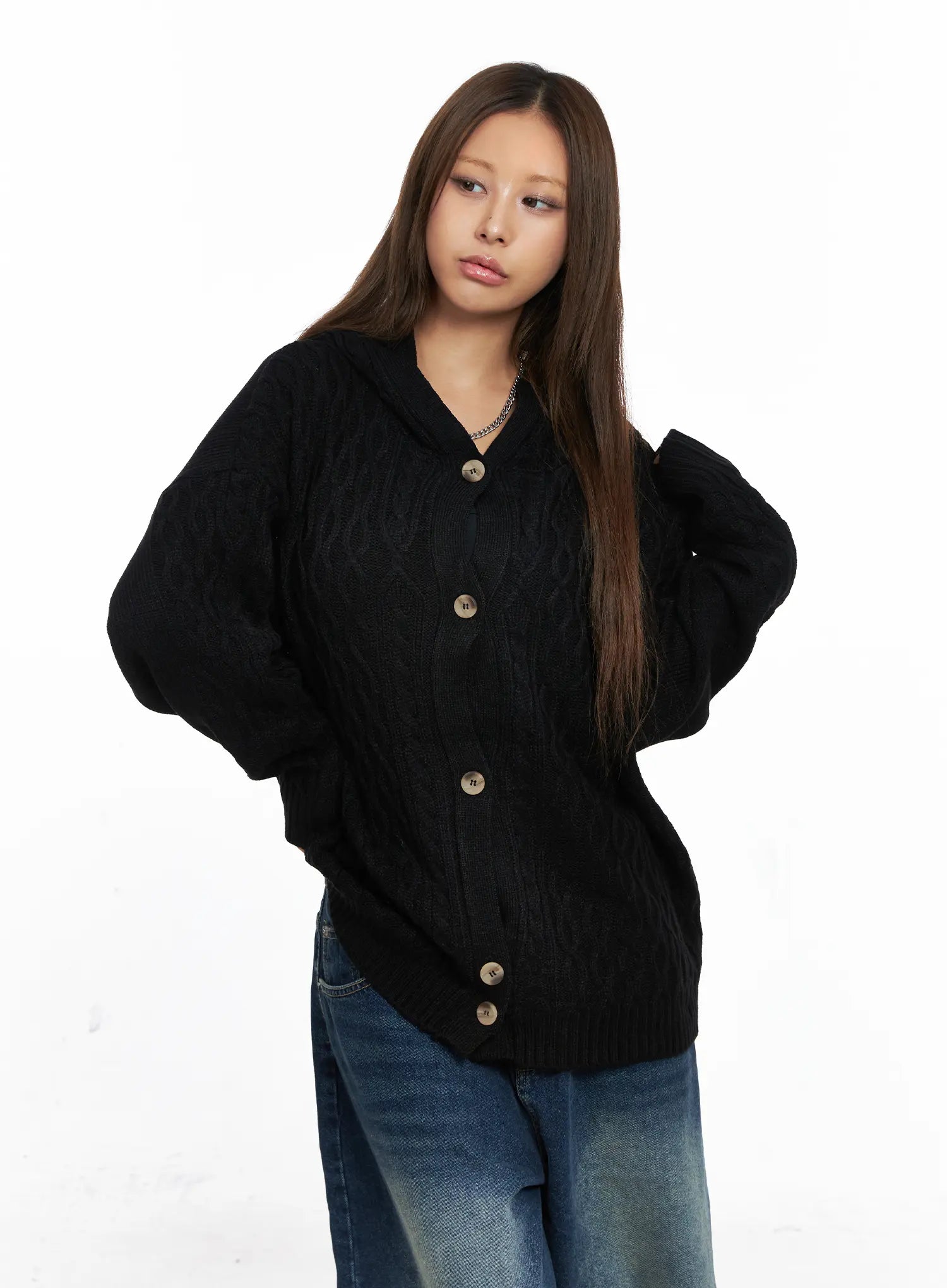 Oversized Cable Knit Button-Up Hoodie CO510