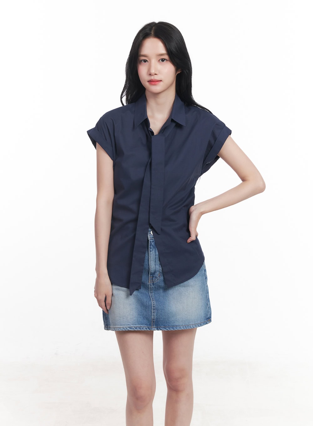 Collared Blouse Top Neck-Tie Set CY523