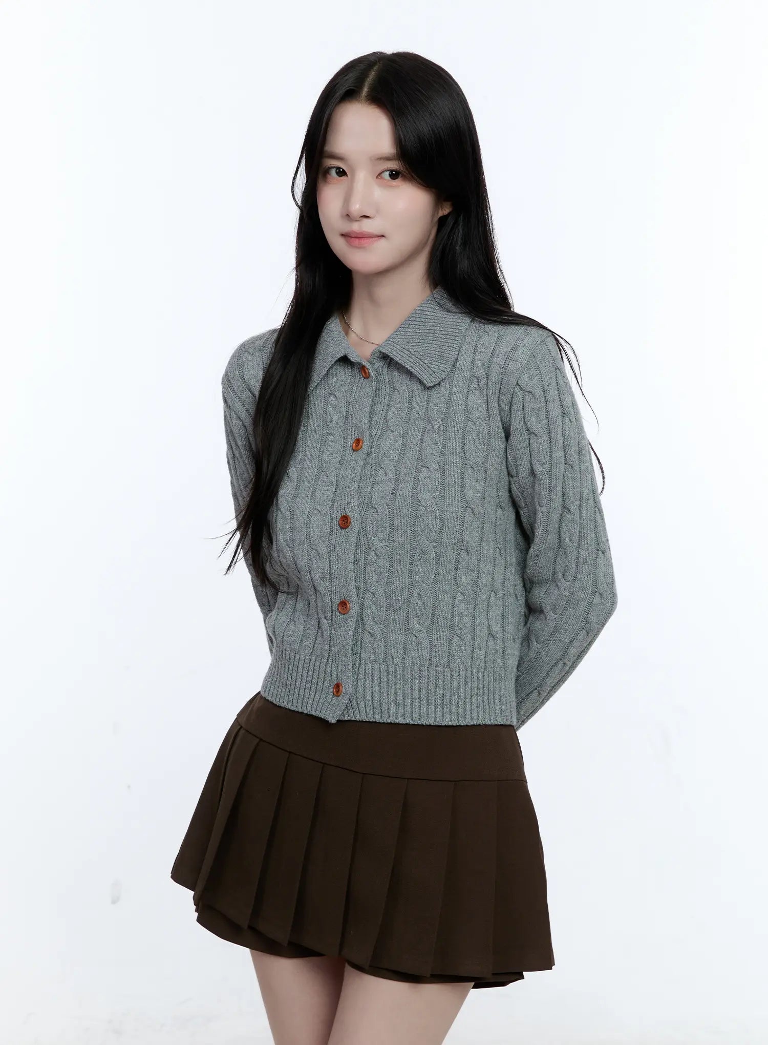 Button-Up Collared Cable Knit Cardigan CG514